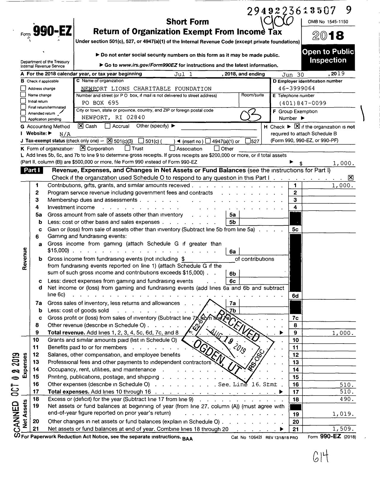 Image of first page of 2018 Form 990EZ for Newport Lions Charitable Foundation