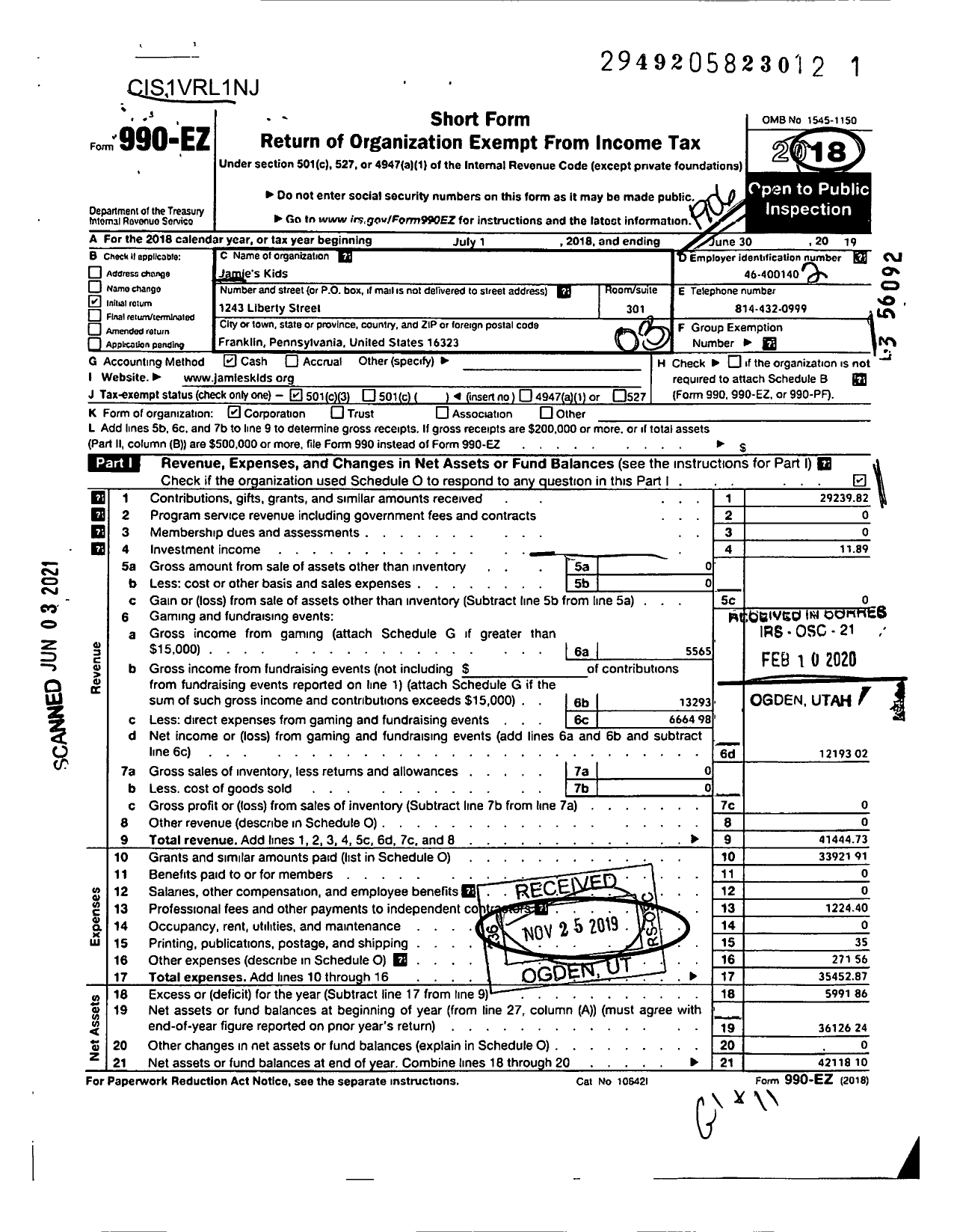 Image of first page of 2018 Form 990EZ for Jamie's Kids