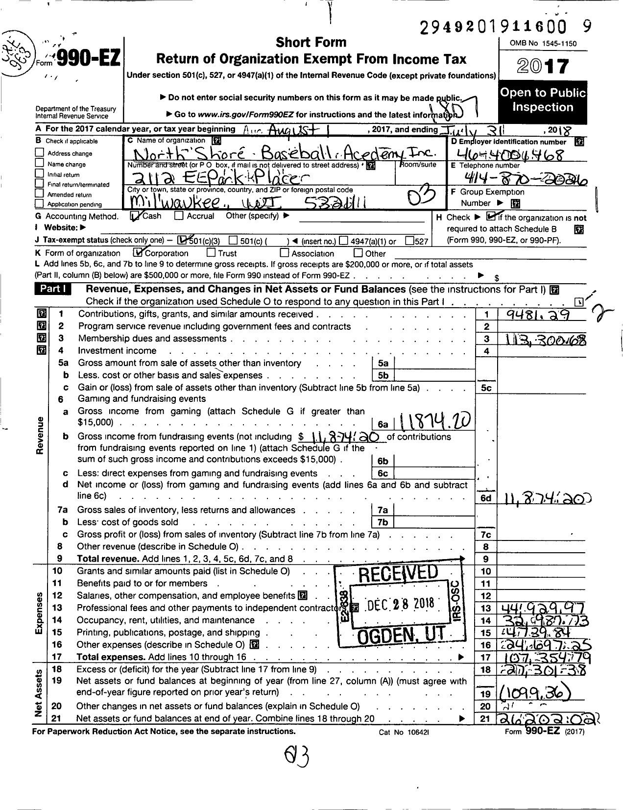 Image of first page of 2017 Form 990EZ for North Shore Baseball Academy