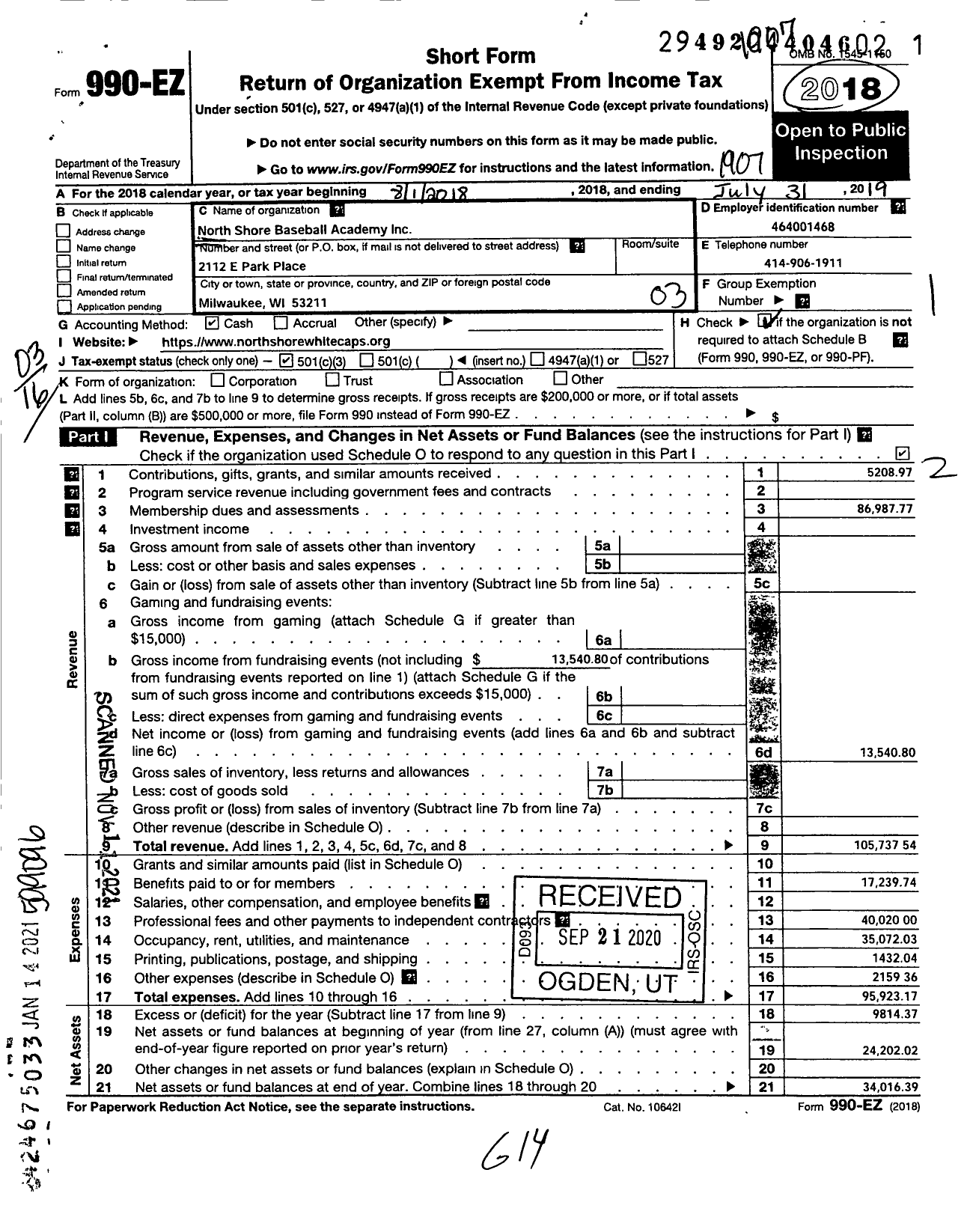 Image of first page of 2018 Form 990EZ for North Shore Baseball Academy