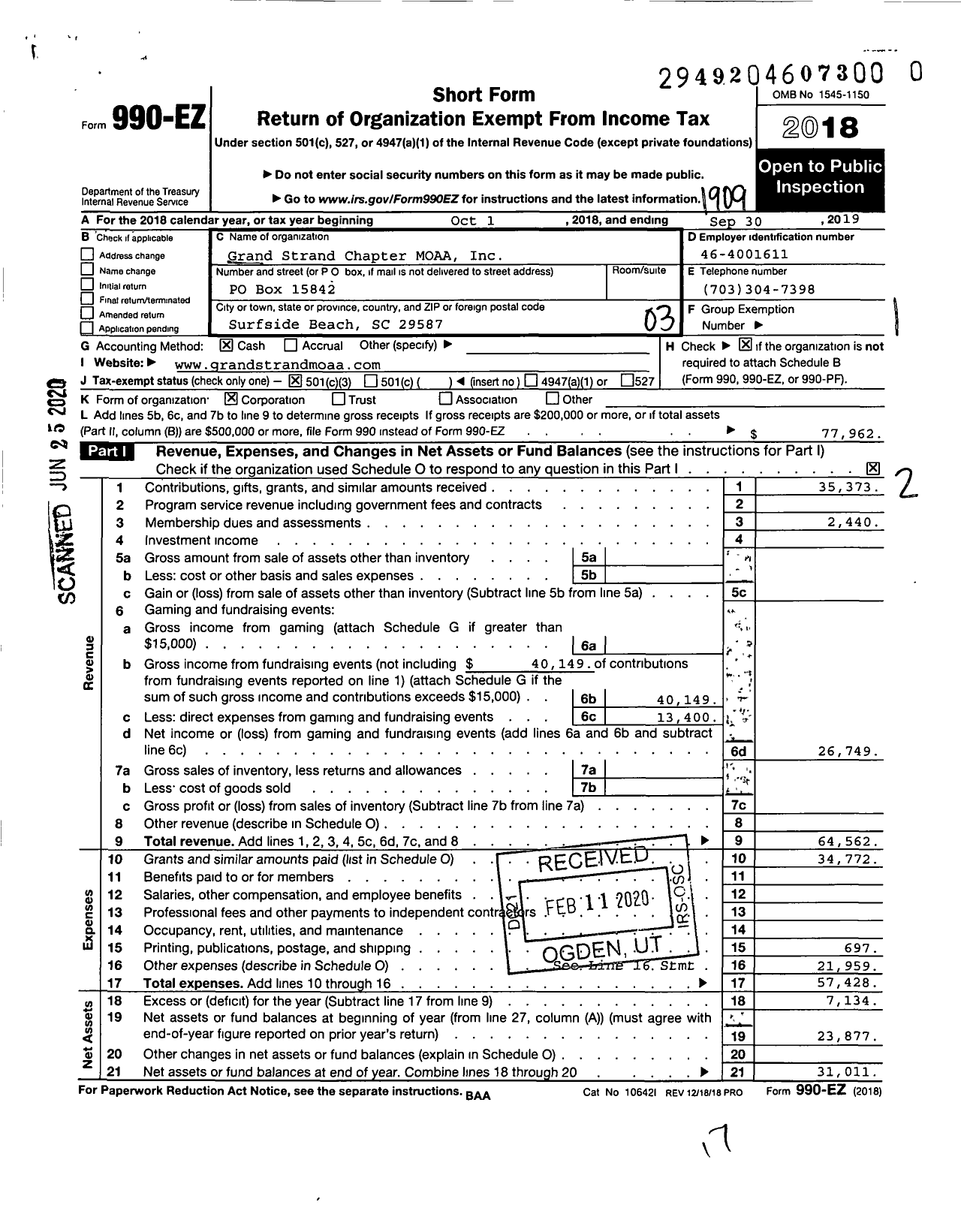 Image of first page of 2018 Form 990EZ for Grand Strand Chapter MOAA