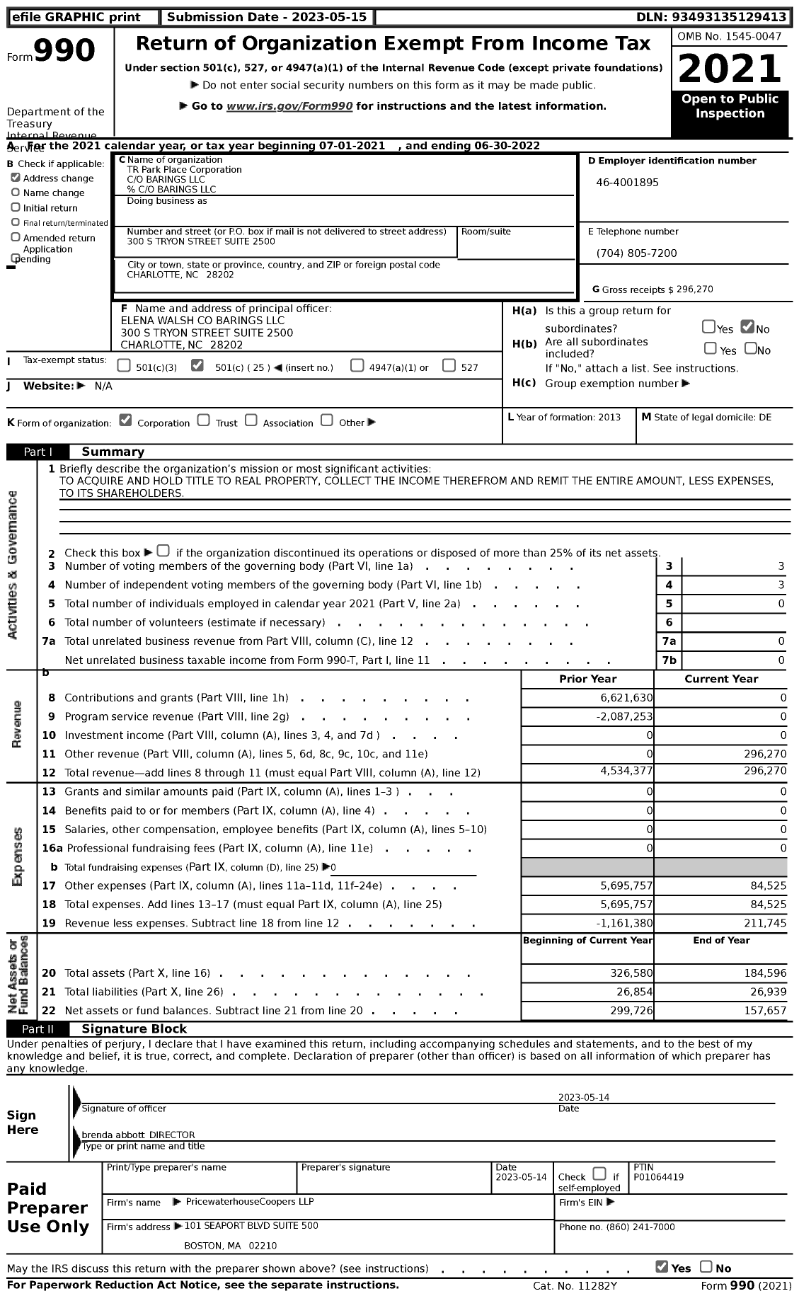 Image of first page of 2021 Form 990 for TR Park Place Corporation