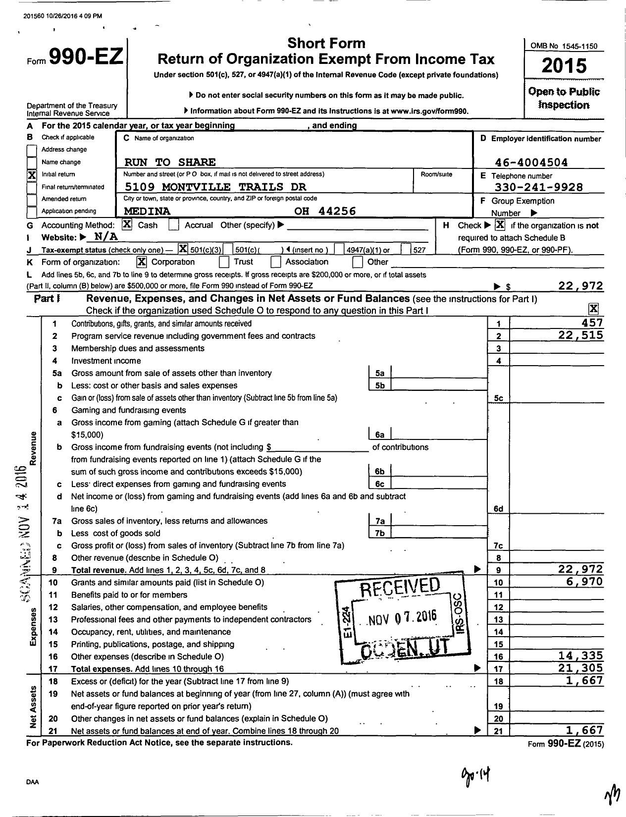 Image of first page of 2015 Form 990EZ for Run To Share