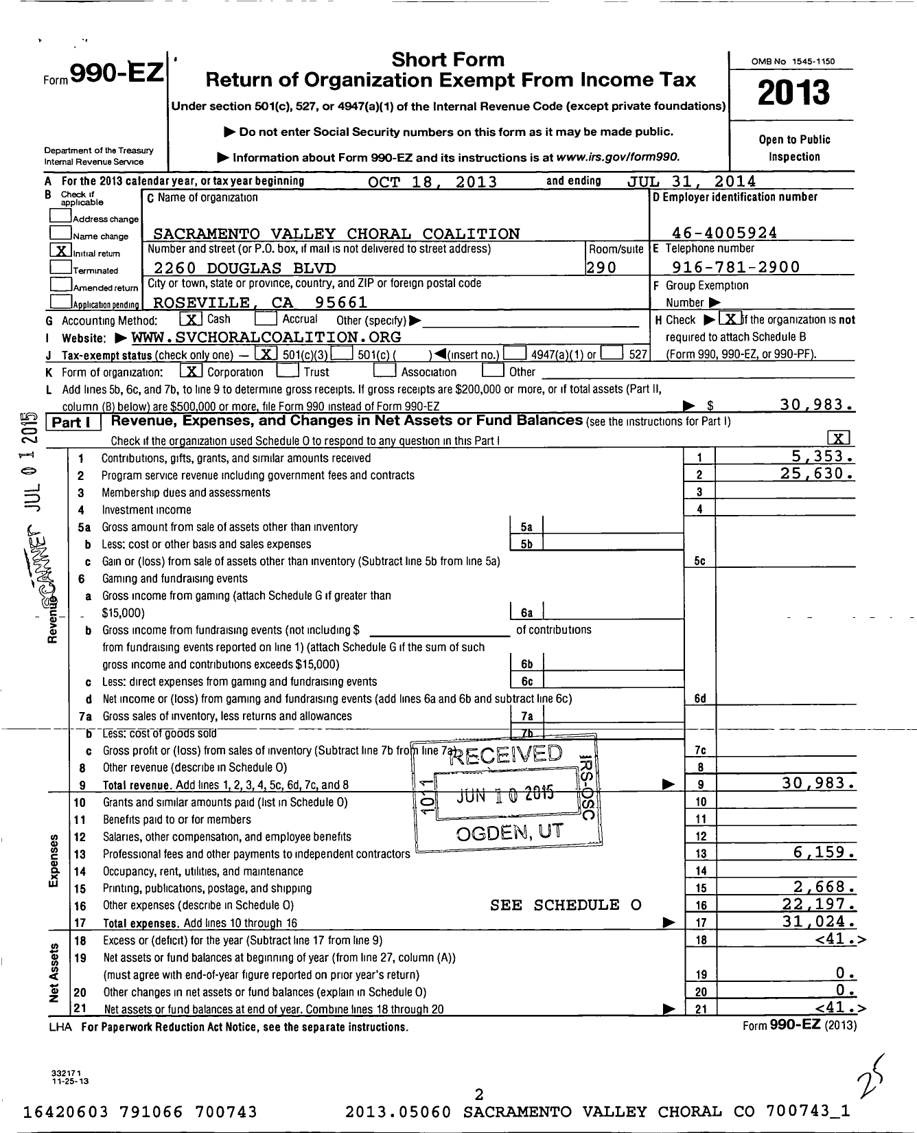 Image of first page of 2013 Form 990EZ for Sacramento Valley Choral Coalition