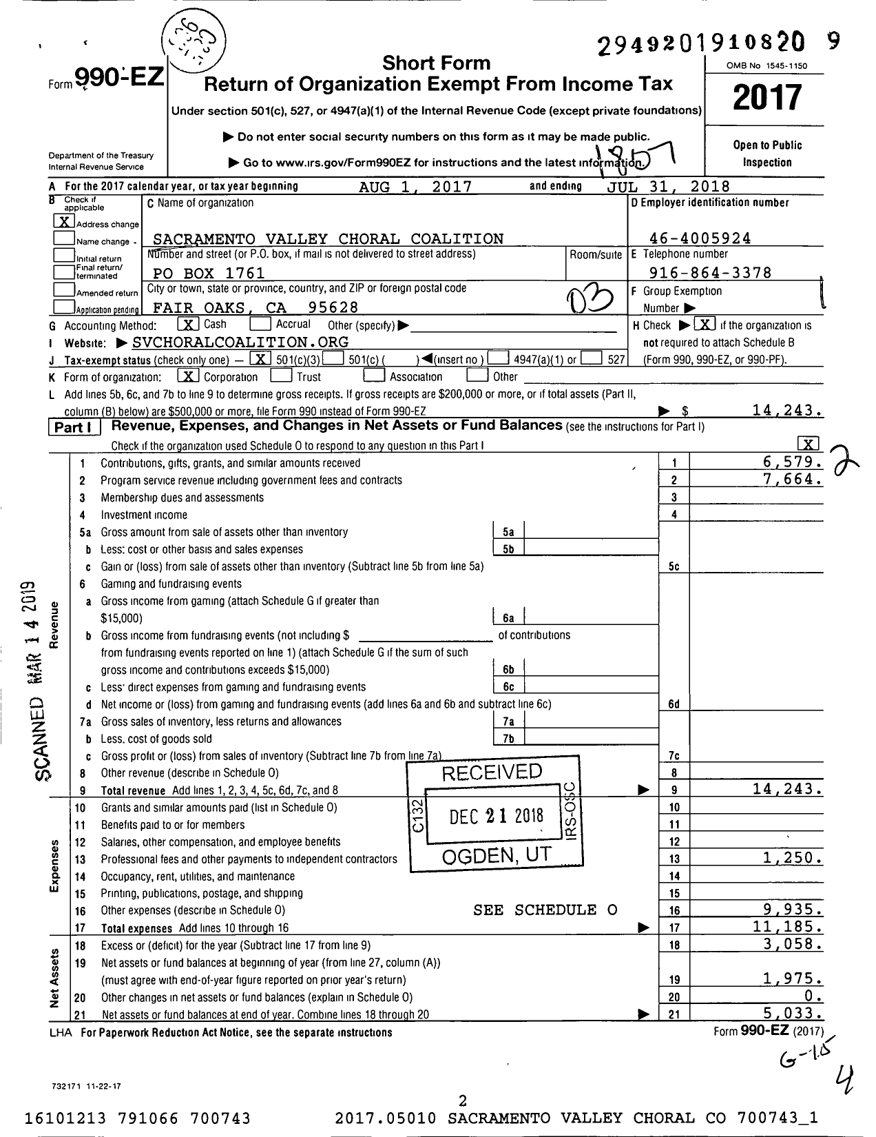 Image of first page of 2017 Form 990EZ for Sacramento Valley Choral Coalition