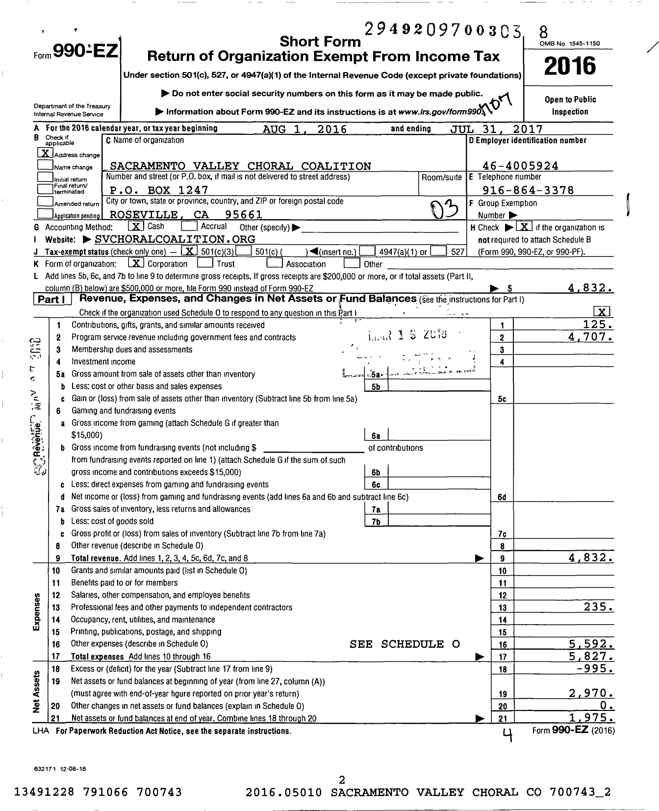 Image of first page of 2016 Form 990EZ for Sacramento Valley Choral Coalition