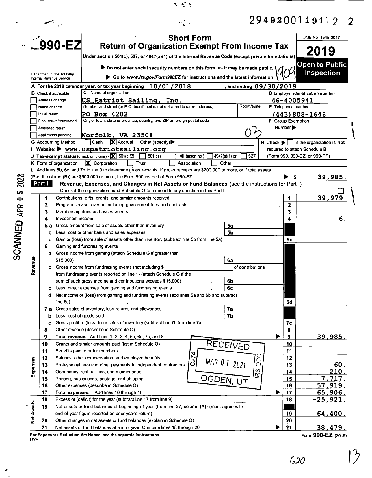 Image of first page of 2018 Form 990EZ for Us Patriot Sailing