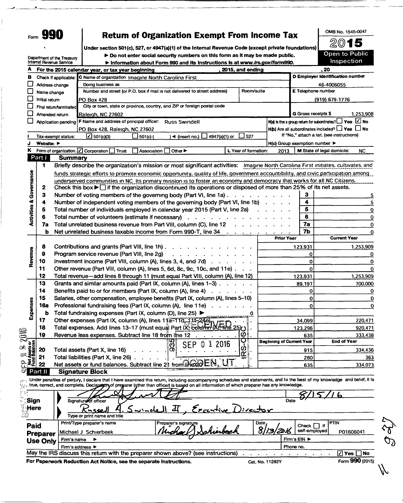 Image of first page of 2015 Form 990 for Imagine North Carolina First
