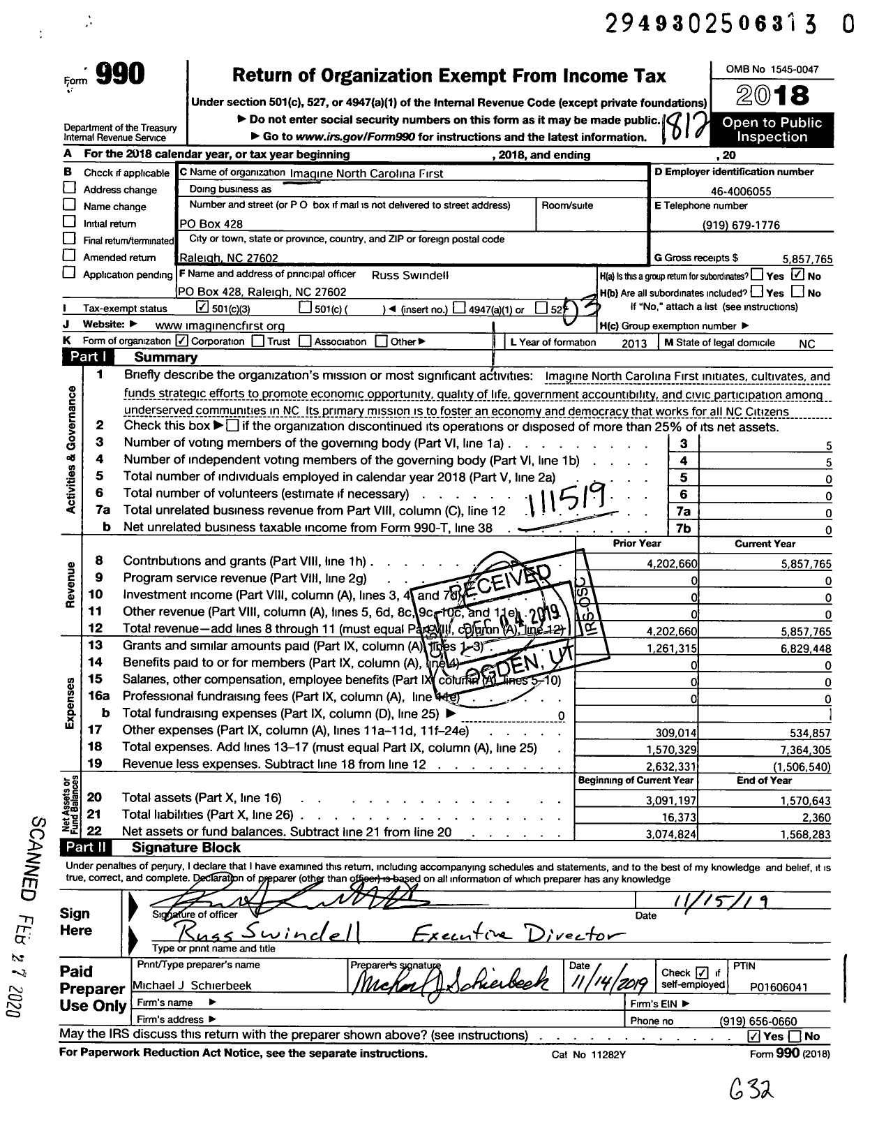 Image of first page of 2018 Form 990 for Imagine North Carolina First