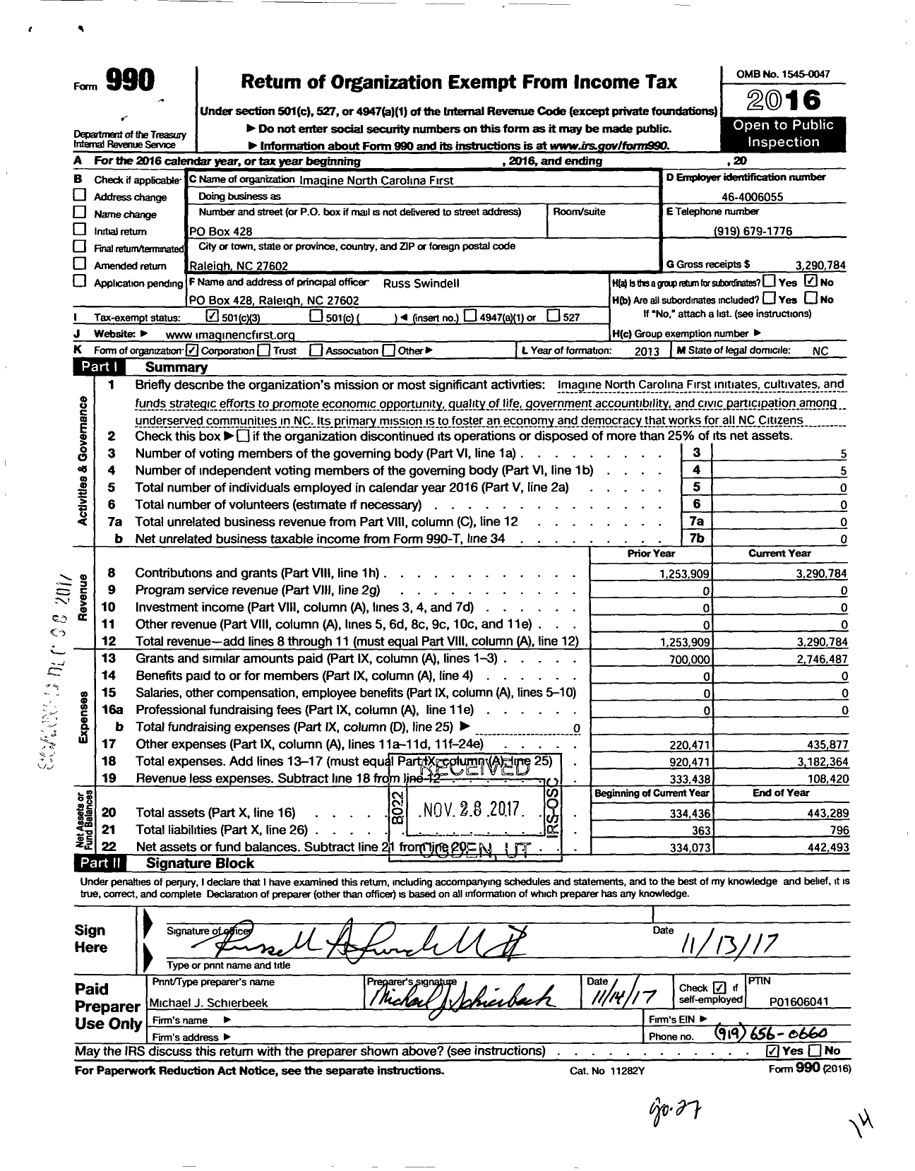 Image of first page of 2016 Form 990 for Imagine North Carolina First