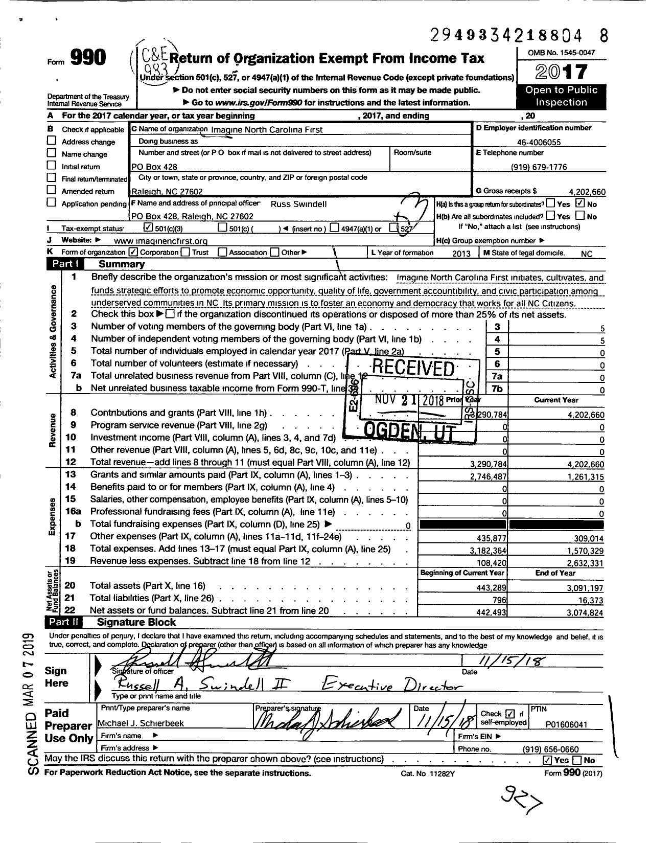 Image of first page of 2017 Form 990 for Imagine North Carolina First