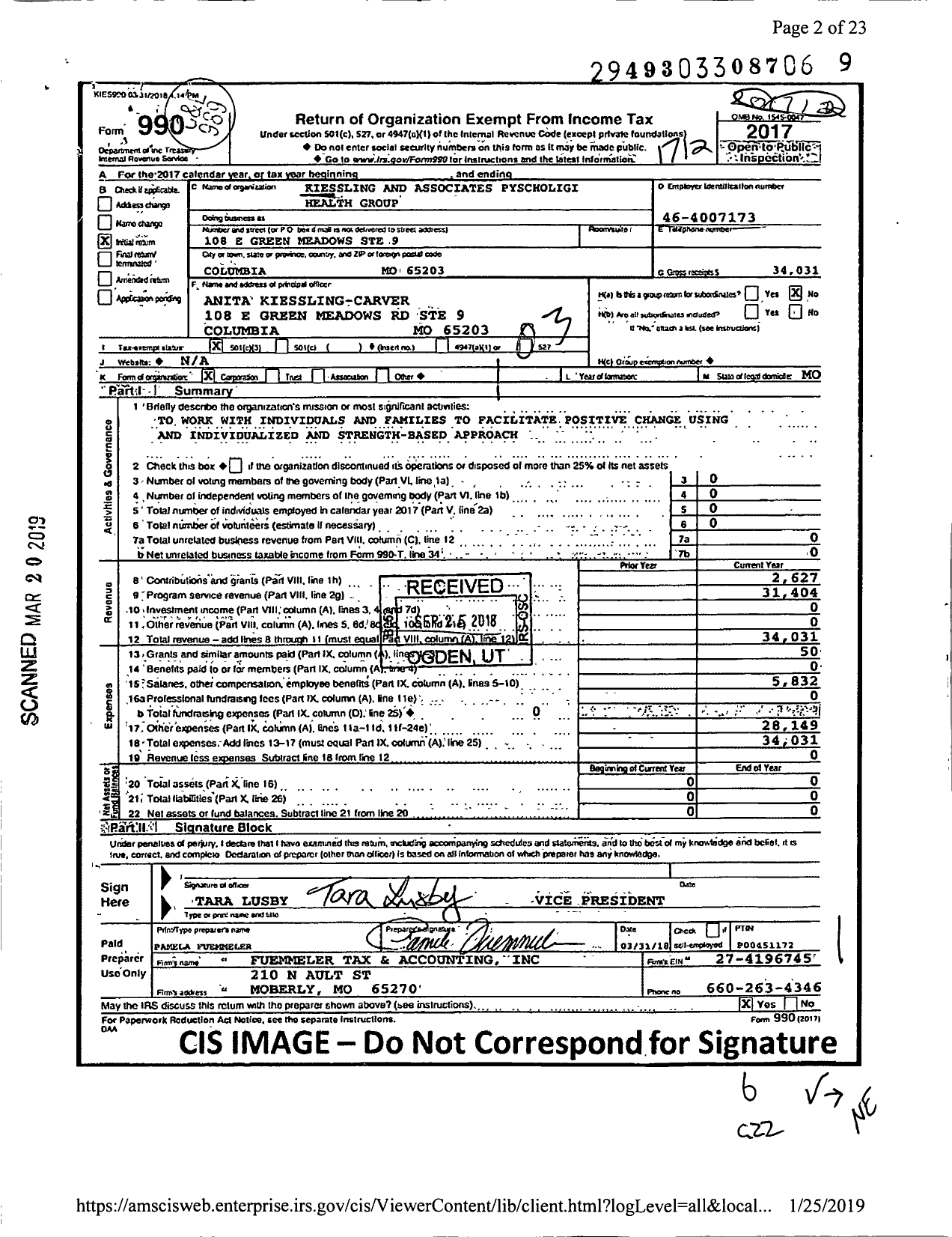 Image of first page of 2017 Form 990 for Kiessling and Associates Pyscholigi Health Group