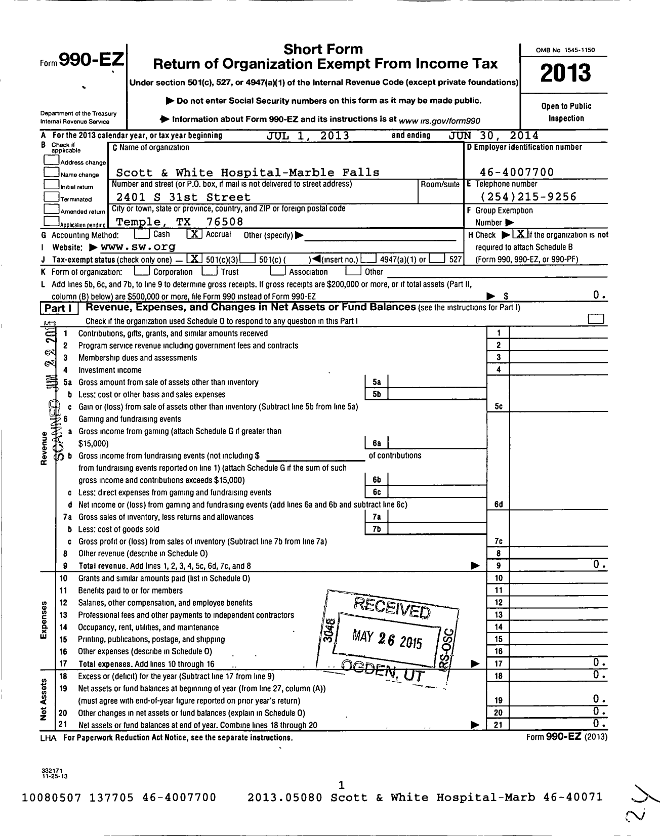 Image of first page of 2013 Form 990EZ for Baylor Scott & White Medical Center-Marble Falls