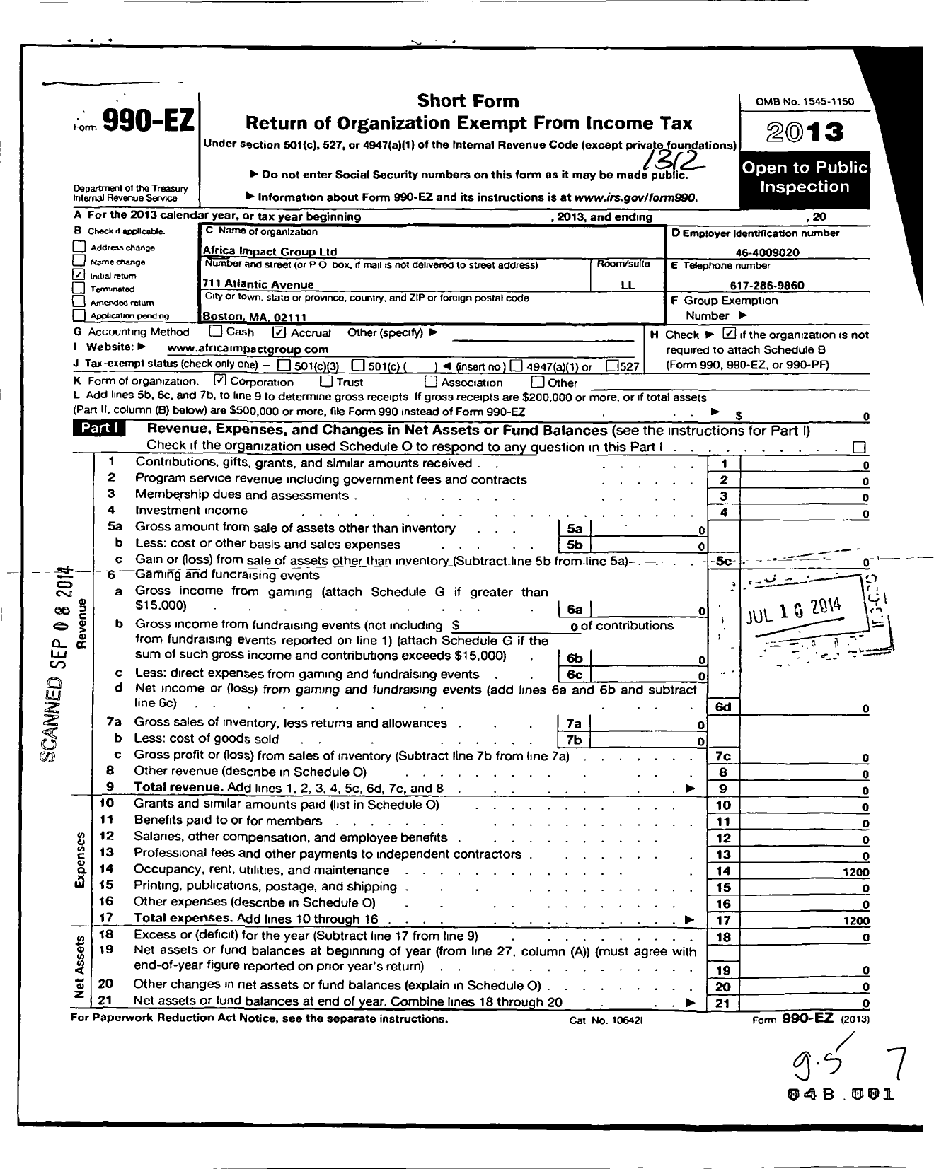 Image of first page of 2013 Form 990EO for Africa Impact Group