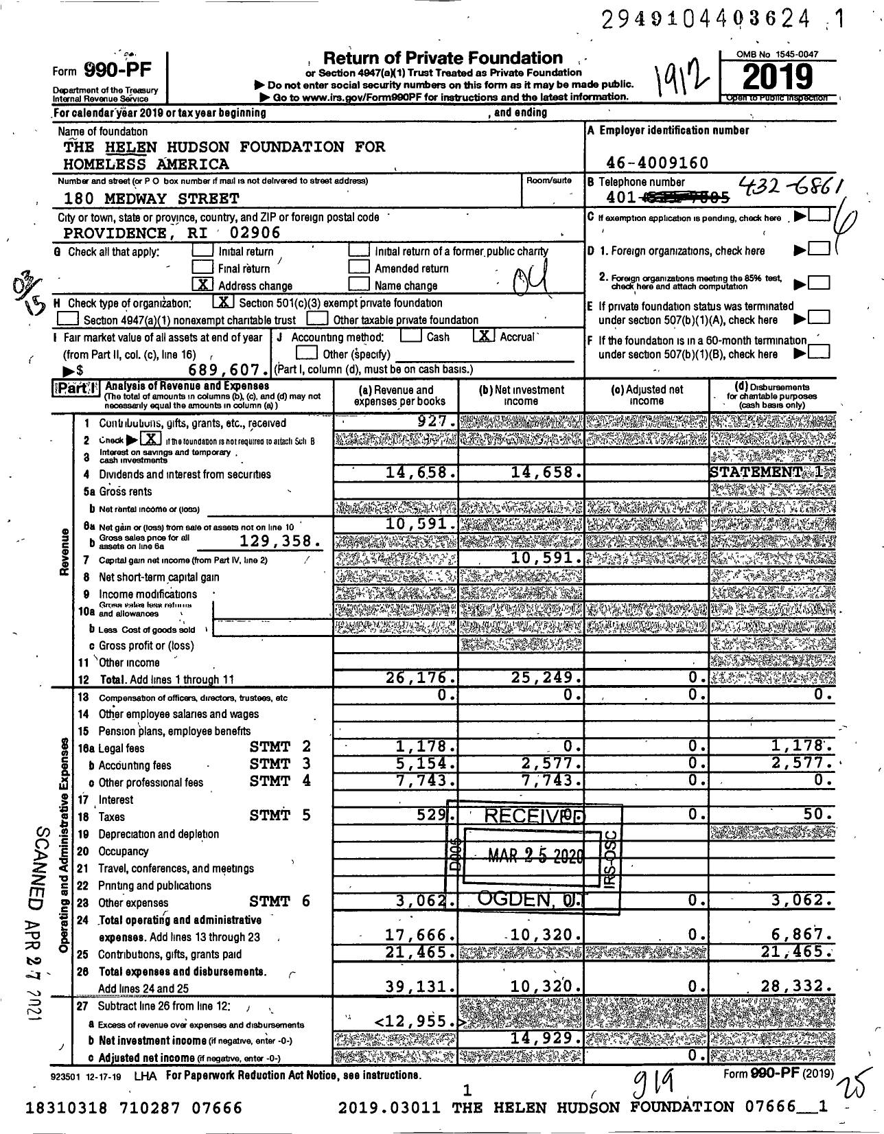 Image of first page of 2019 Form 990PF for The Helen Hudson Foundation for Homeless America