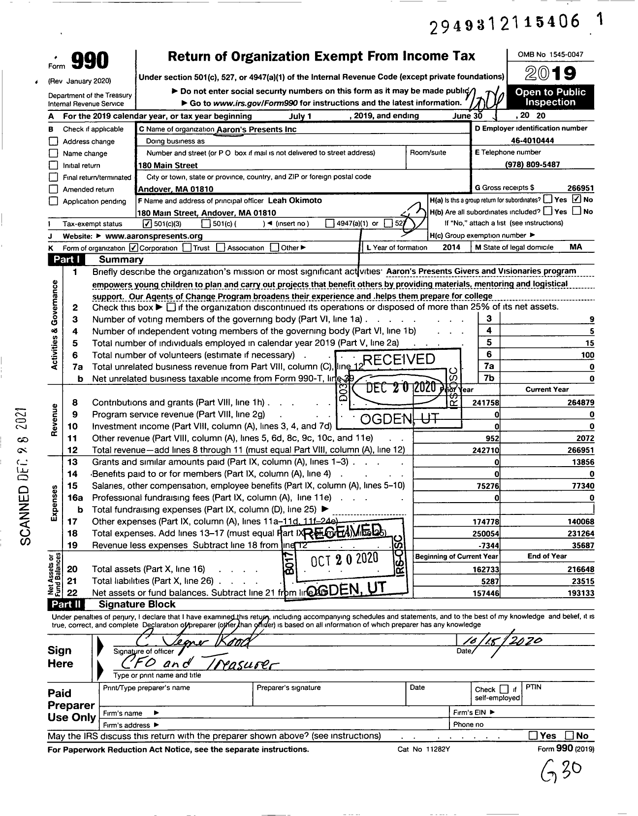 Image of first page of 2019 Form 990 for Aarons Presents