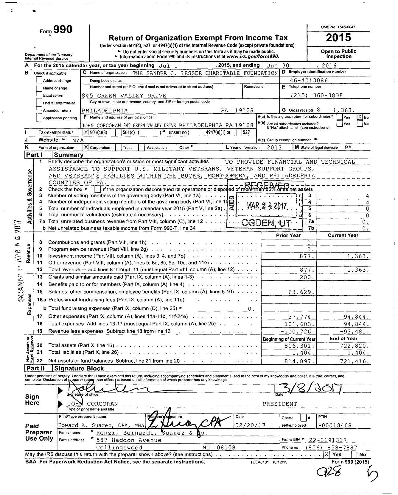 Image of first page of 2015 Form 990 for The Sandra C Lesser Charitable Foundation