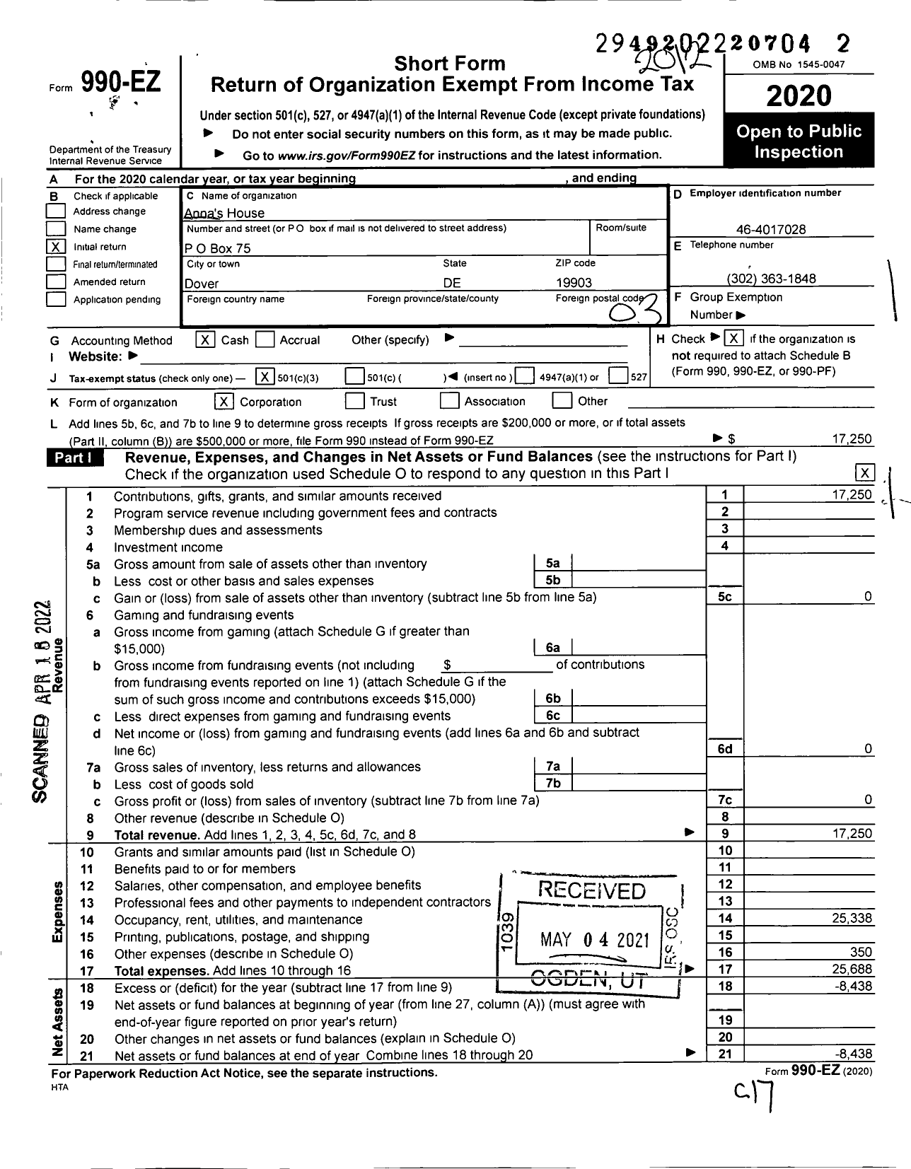 Image of first page of 2020 Form 990EZ for Annas House