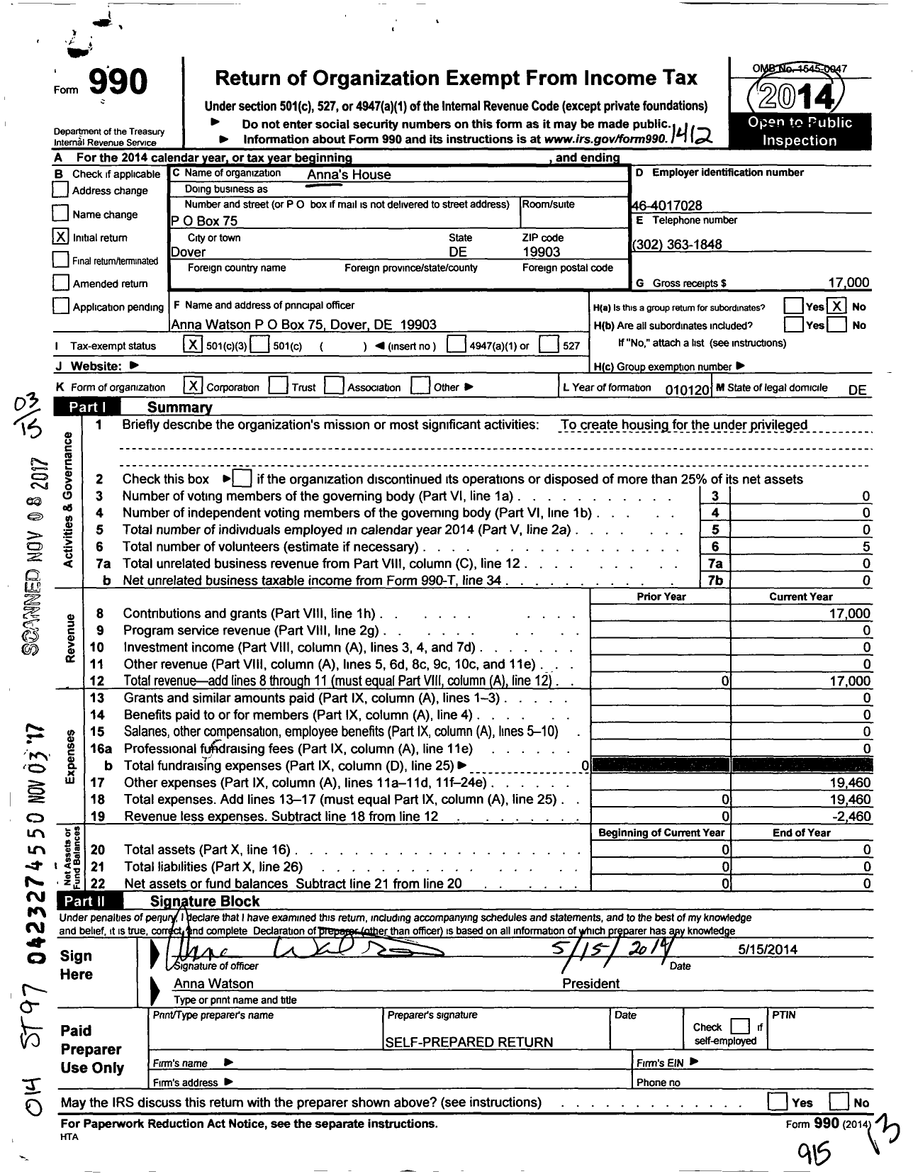 Image of first page of 2014 Form 990 for Annas House