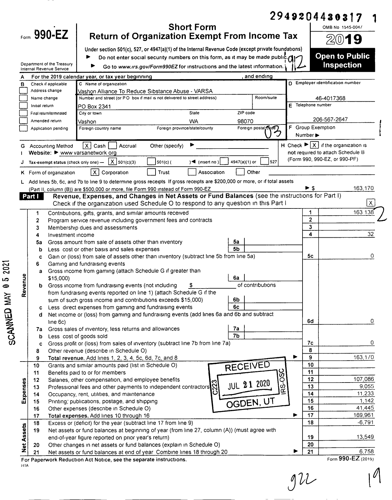 Image of first page of 2019 Form 990EZ for Vashon Alliance To Reduce Substance Abuse - Abuse-Varsa