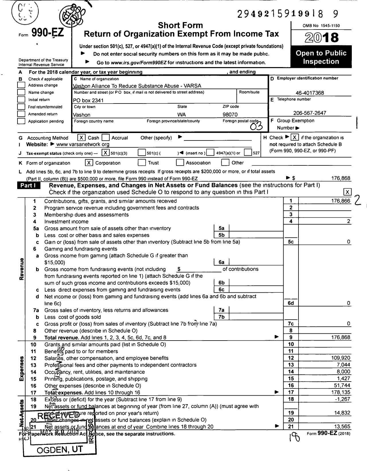 Image of first page of 2018 Form 990EZ for Vashon Alliance To Reduce Substance Abuse - Abuse-Varsa