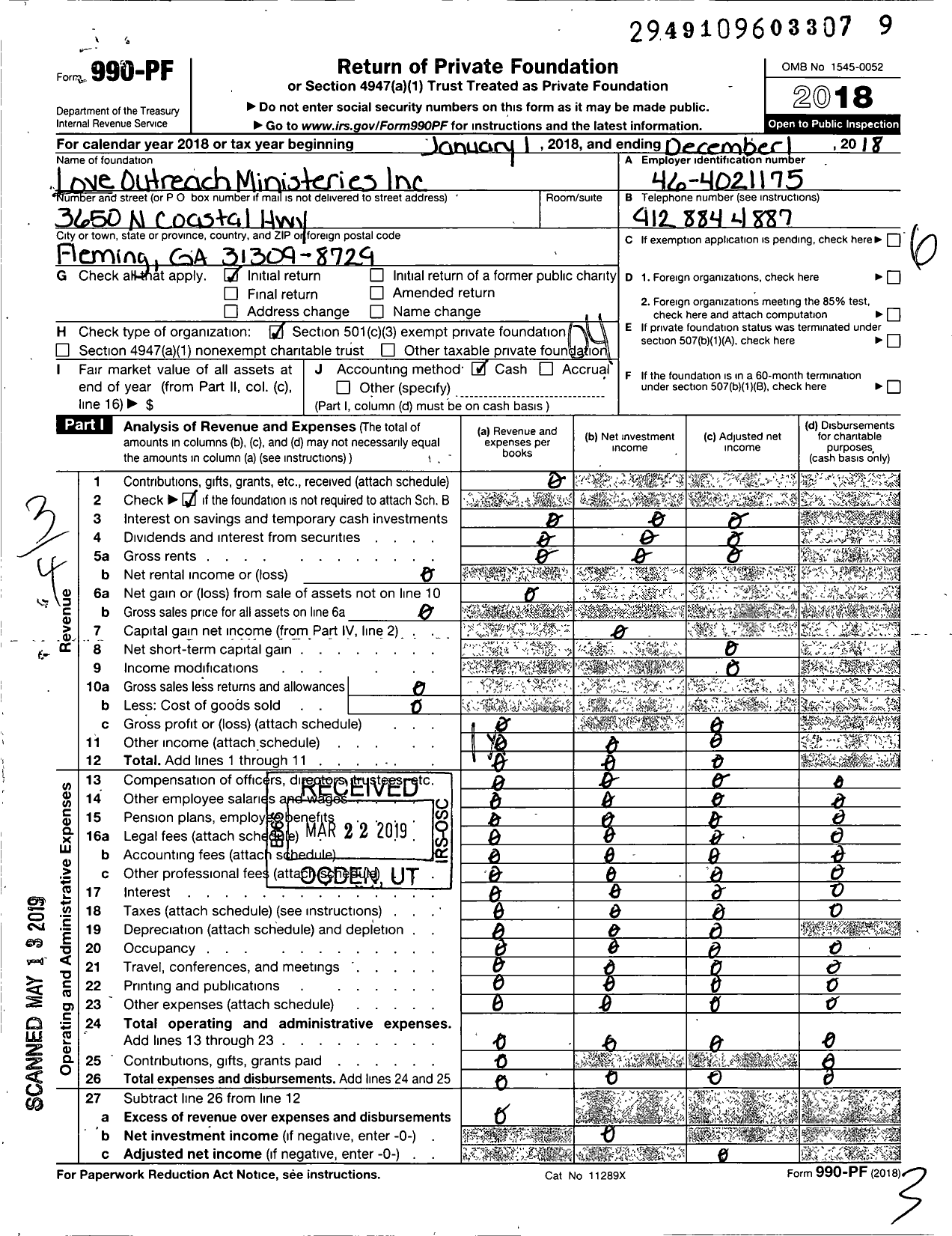 Image of first page of 2018 Form 990PF for Love Outreach Ministries