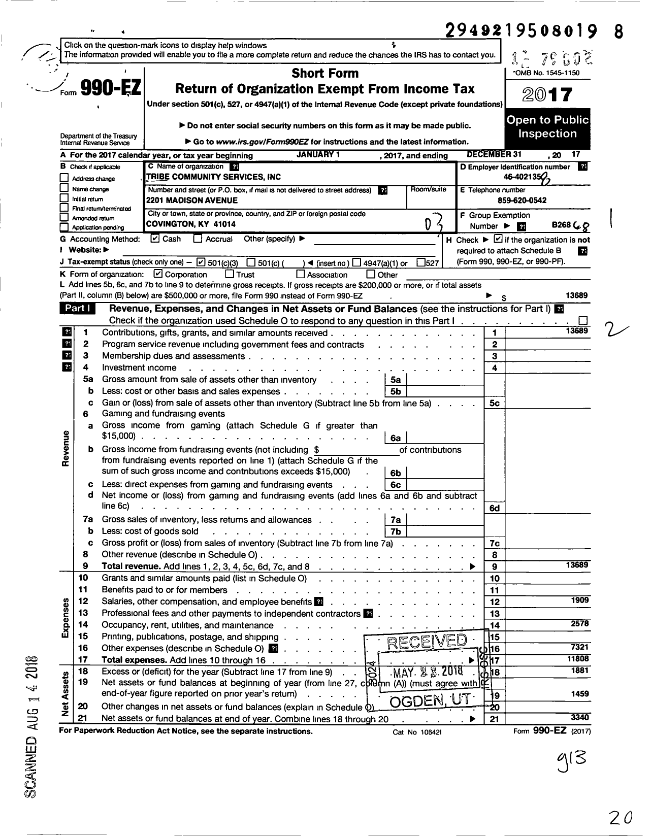 Image of first page of 2017 Form 990EZ for Tribe Community Services