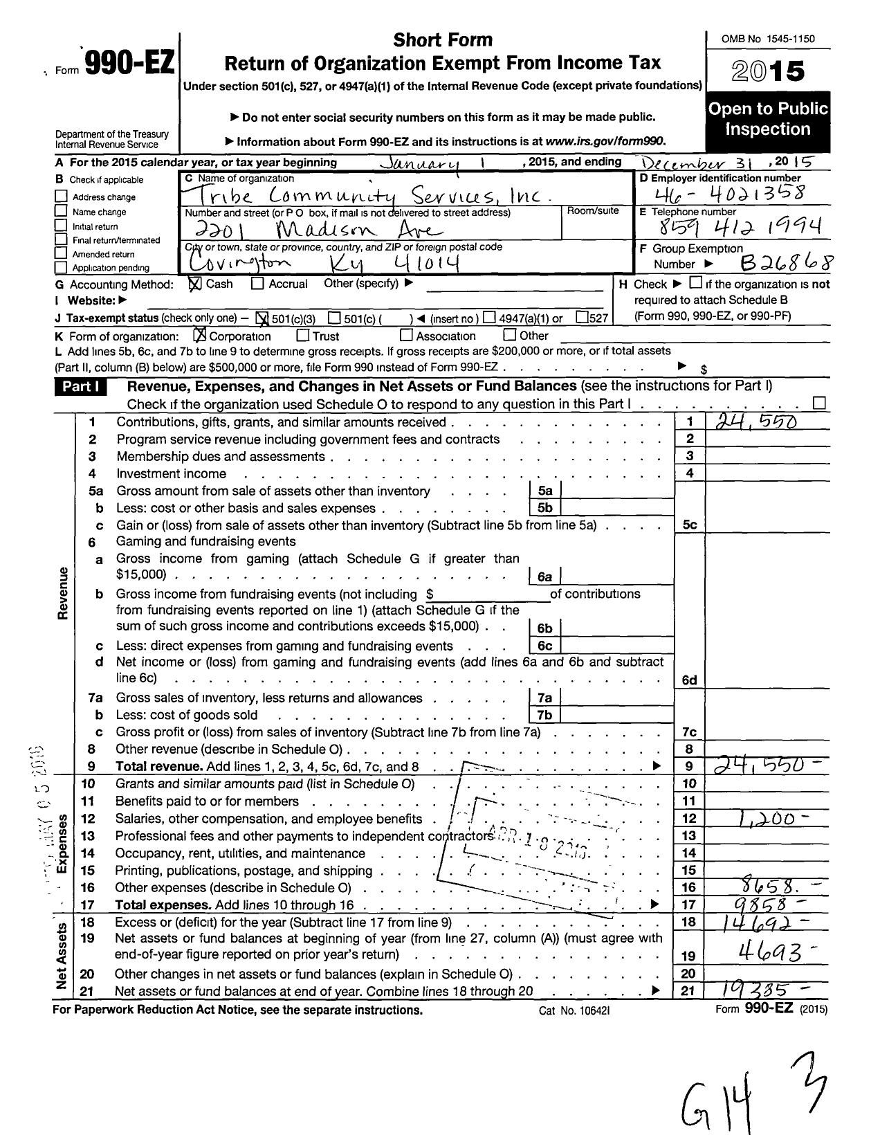 Image of first page of 2015 Form 990EZ for Tribe Community Services