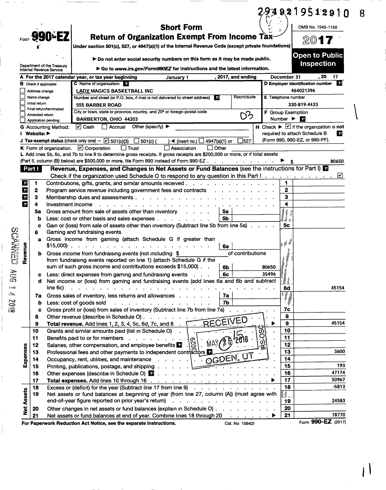 Image of first page of 2017 Form 990EZ for Lady Magics Basketball