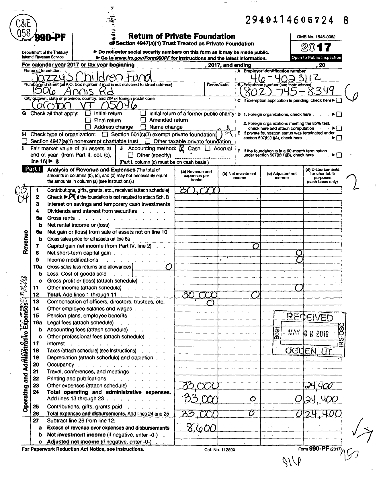 Image of first page of 2017 Form 990PF for Jazzys Children Fund