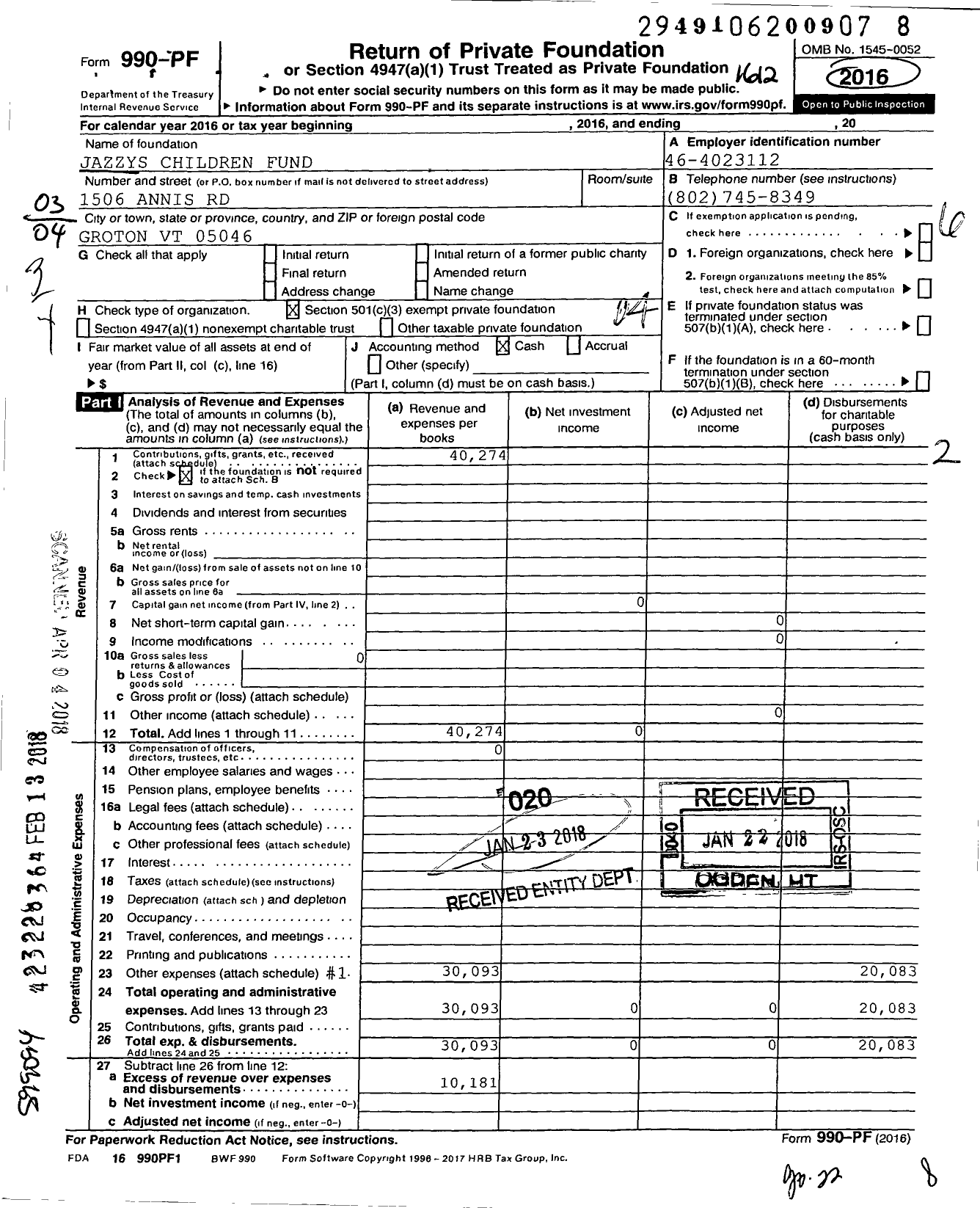 Image of first page of 2016 Form 990PF for Jazzys Children Fund