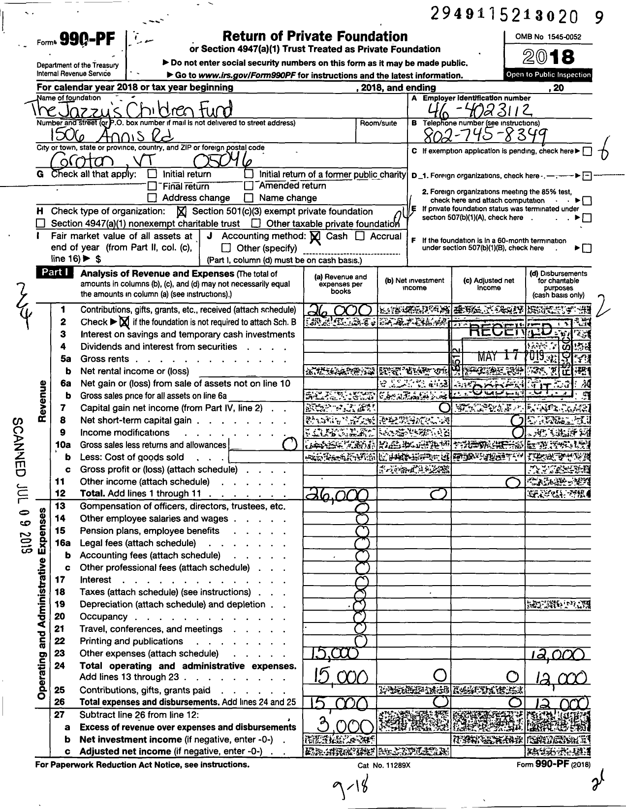 Image of first page of 2018 Form 990PF for Jazzys Children Fund