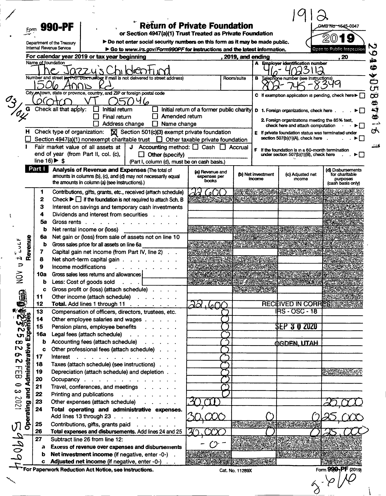 Image of first page of 2019 Form 990PF for Jazzys Children Fund