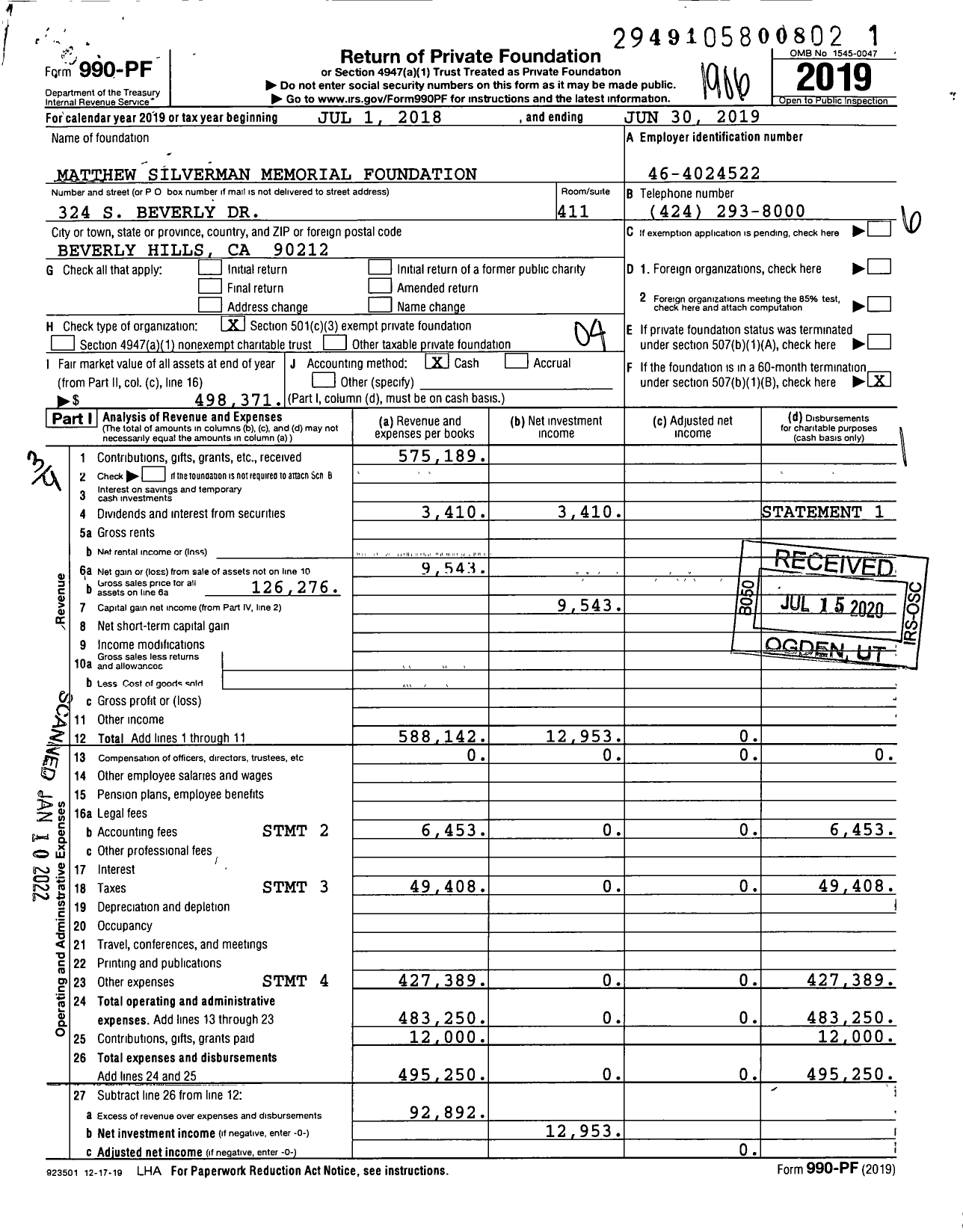 Image of first page of 2018 Form 990PF for Matthew Silverman Memorial Foundation