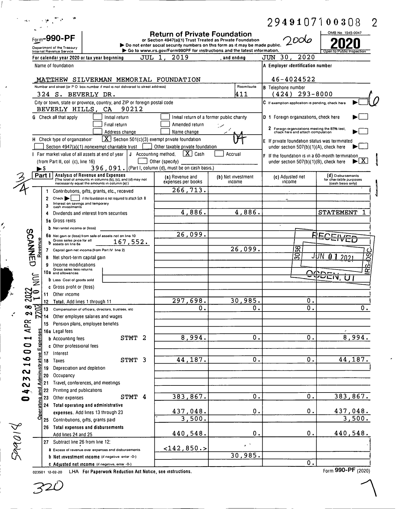 Image of first page of 2019 Form 990PF for Matthew Silverman Memorial Foundation