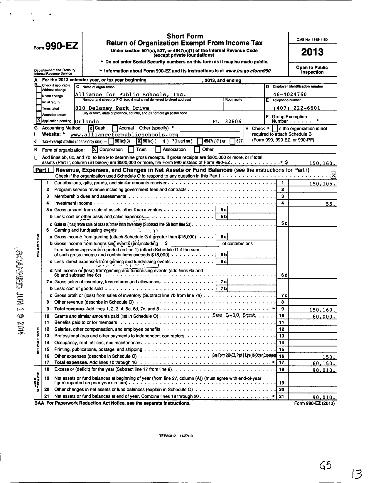 Image of first page of 2013 Form 990EO for Alliance for Public Schools