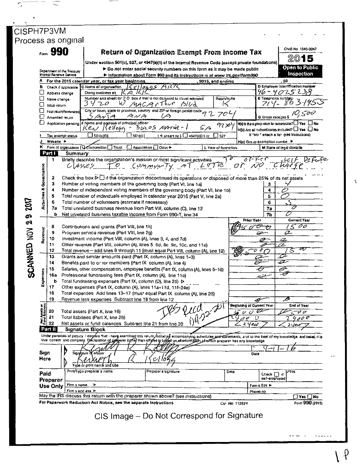 Image of first page of 2015 Form 990O for Kelloggs AKK