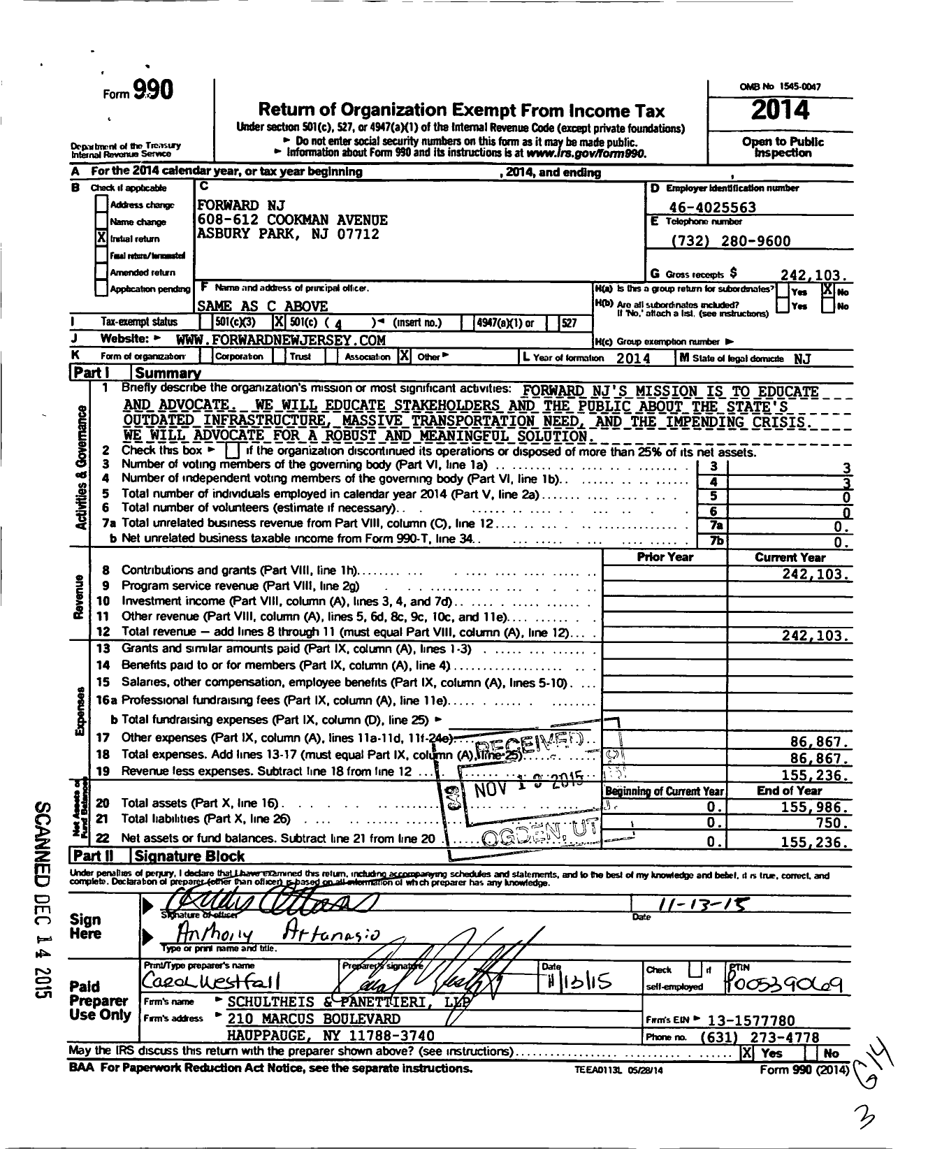 Image of first page of 2014 Form 990O for Forward NJ