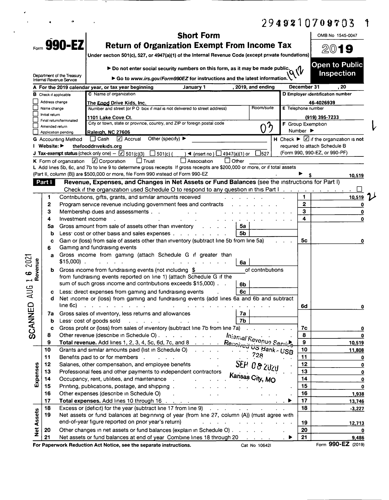 Image of first page of 2019 Form 990EZ for The Food Drive Kids