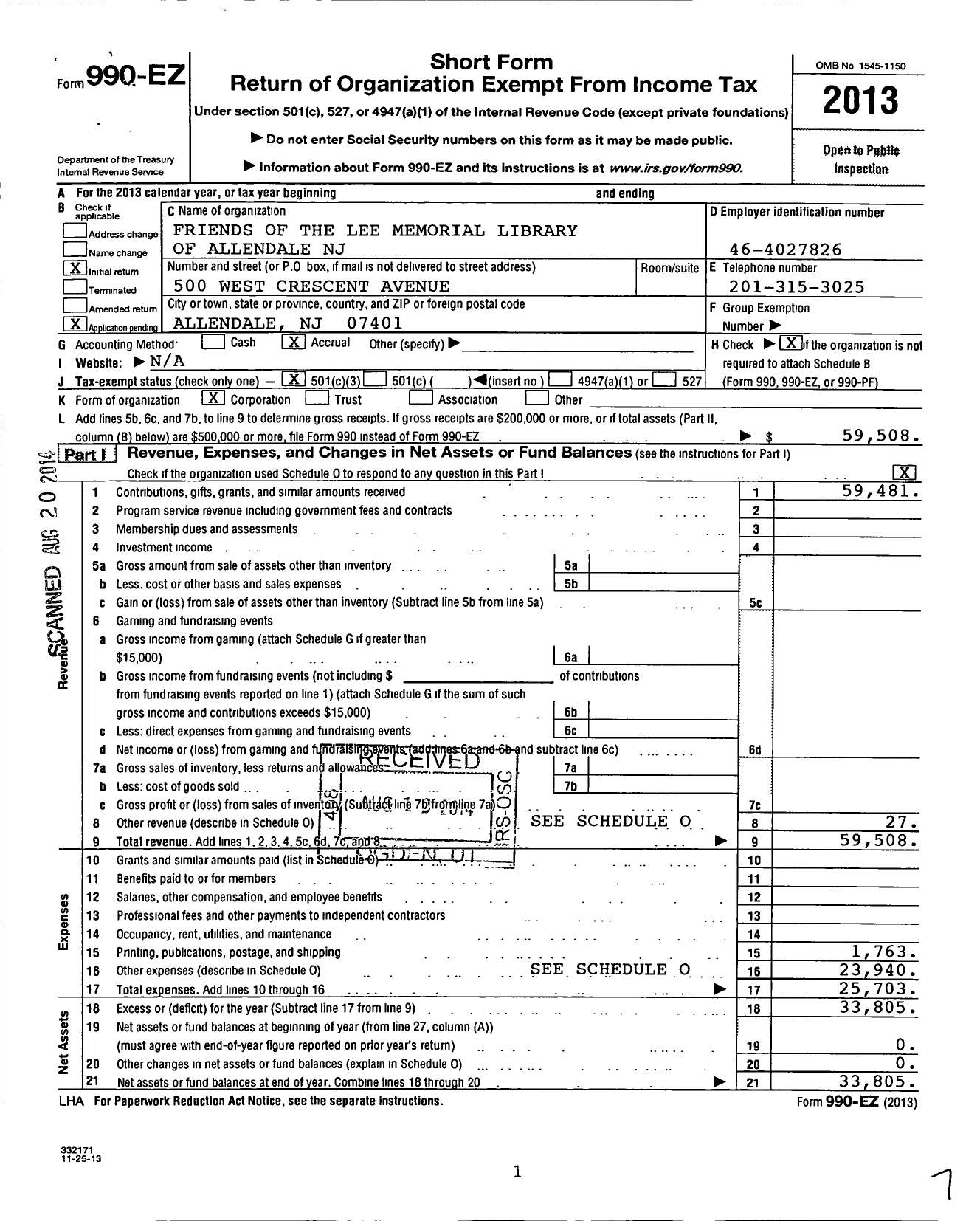 Image of first page of 2013 Form 990EZ for Friends of the Lee Memorial Library of Allendale NJ