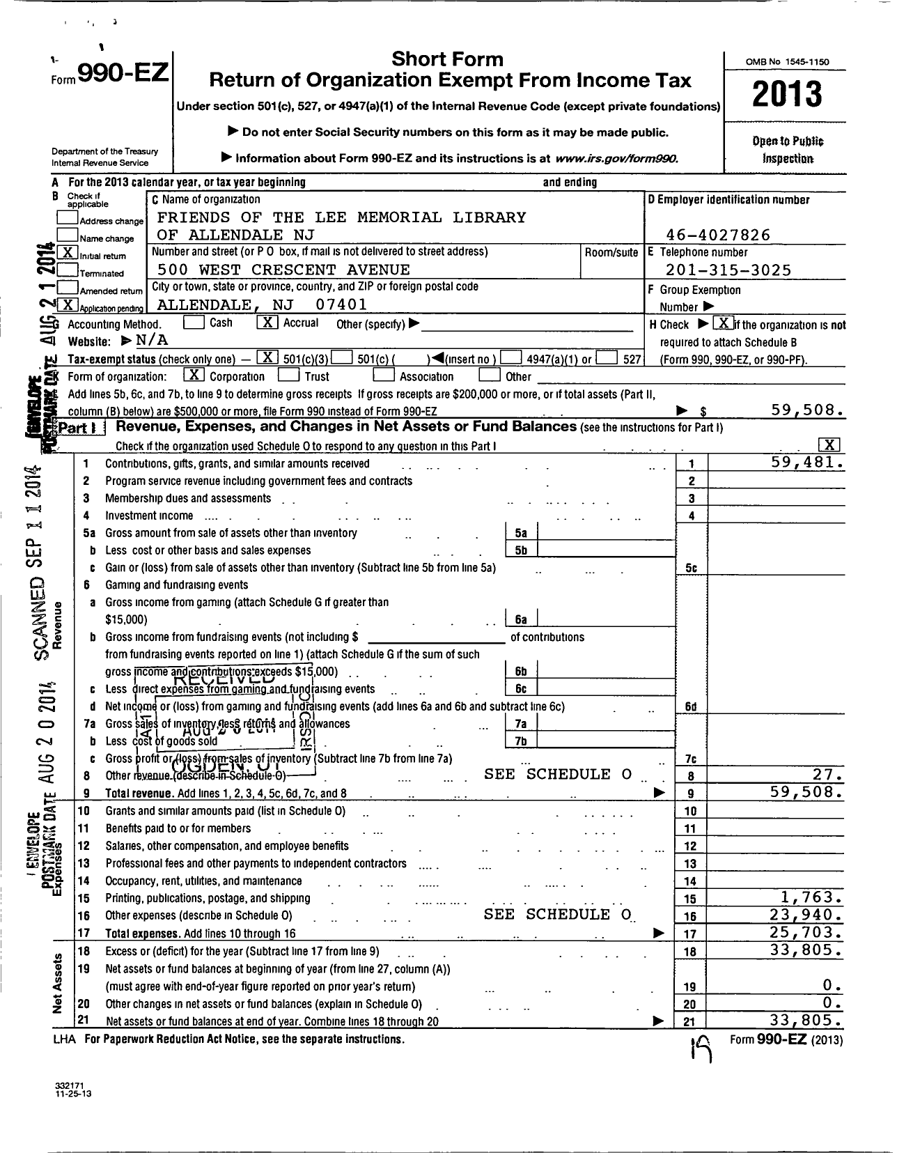 Image of first page of 2013 Form 990EZ for Friends of the Lee Memorial Library of Allendale NJ