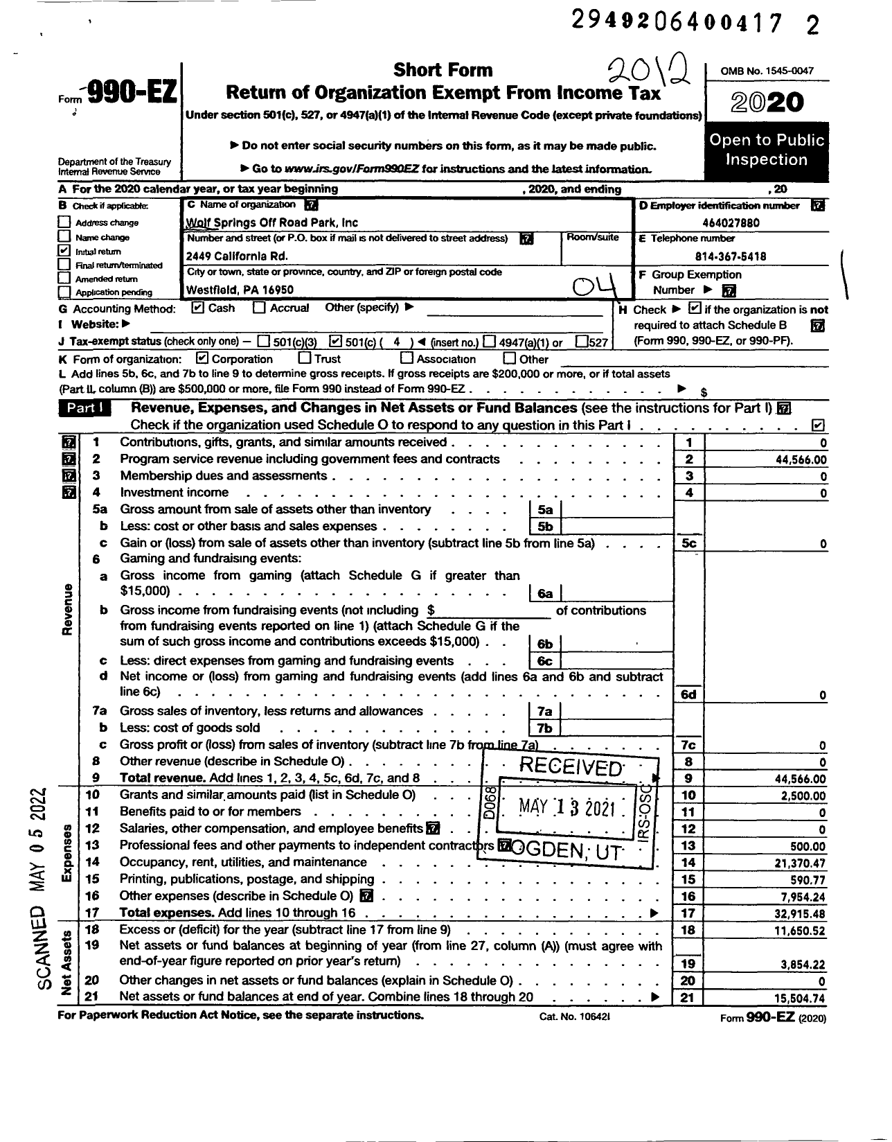 Image of first page of 2020 Form 990EO for Wolf Springs Off-Road Park