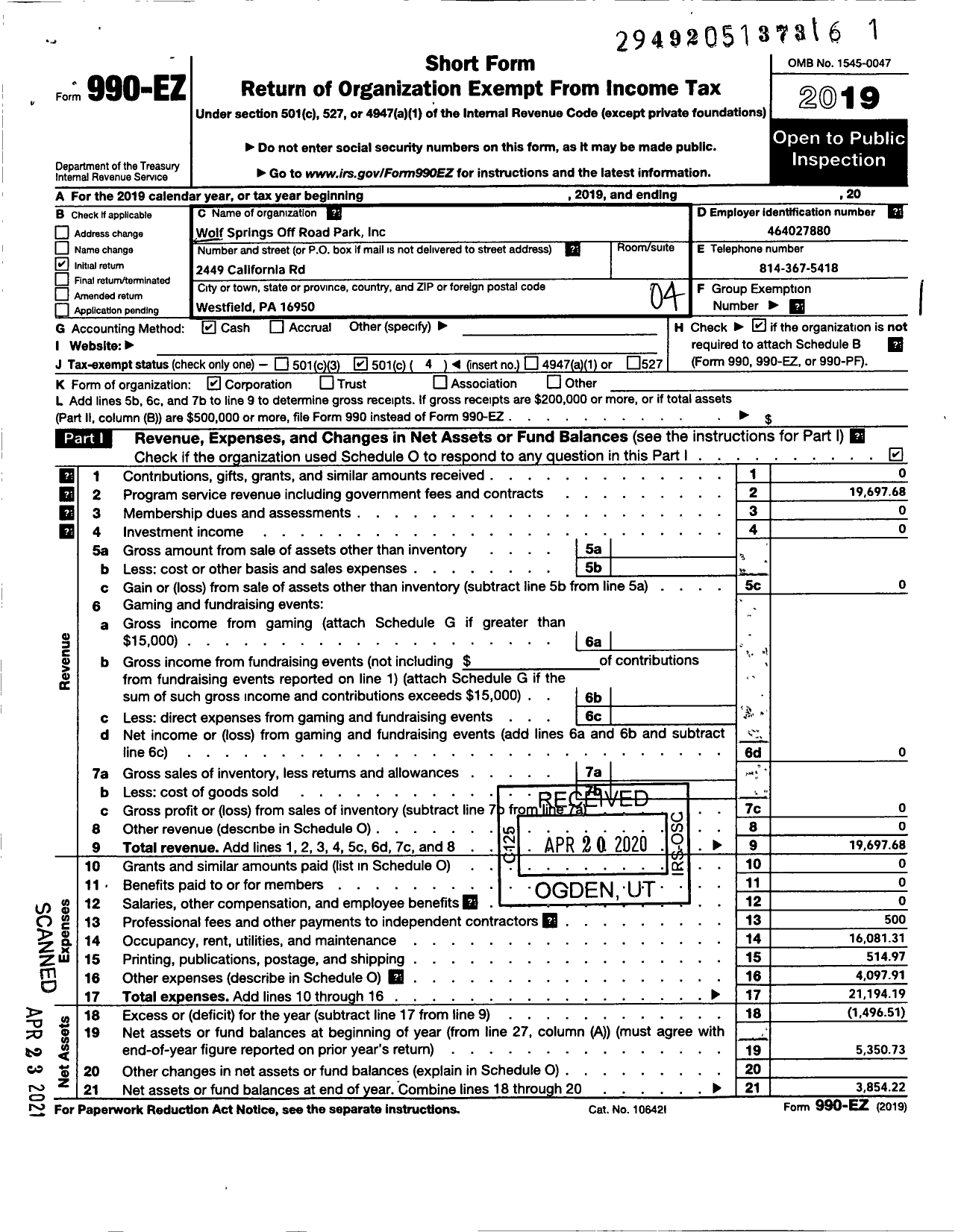 Image of first page of 2019 Form 990EO for Wolf Springs Off-Road Park