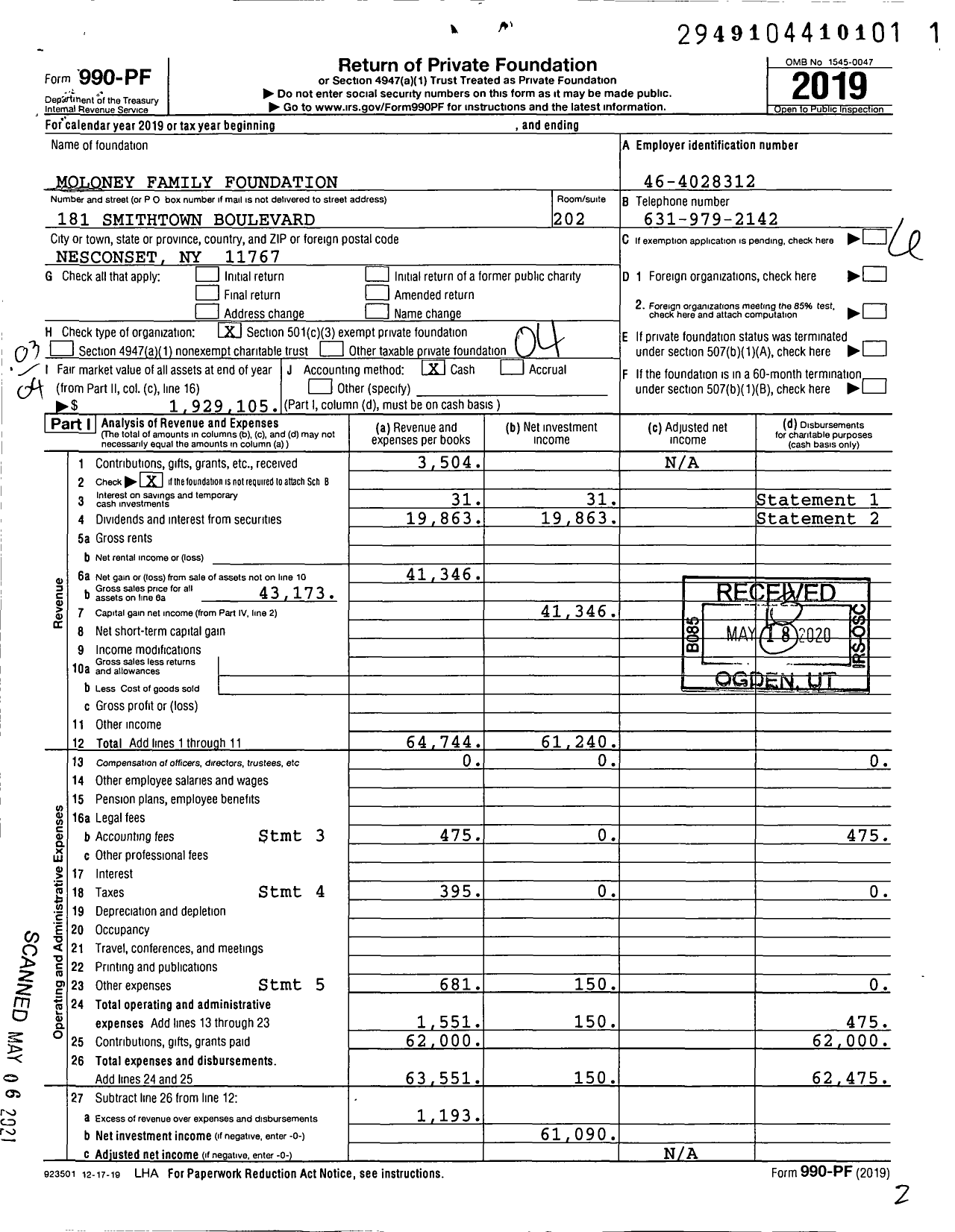 Image of first page of 2019 Form 990PF for Moloney Family Foundation