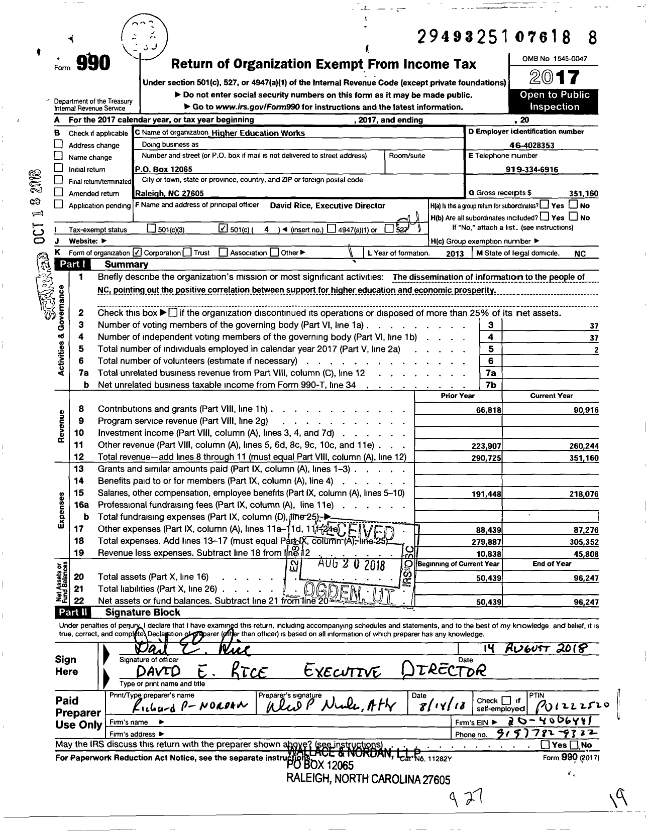 Image of first page of 2017 Form 990O for Higher Education Works