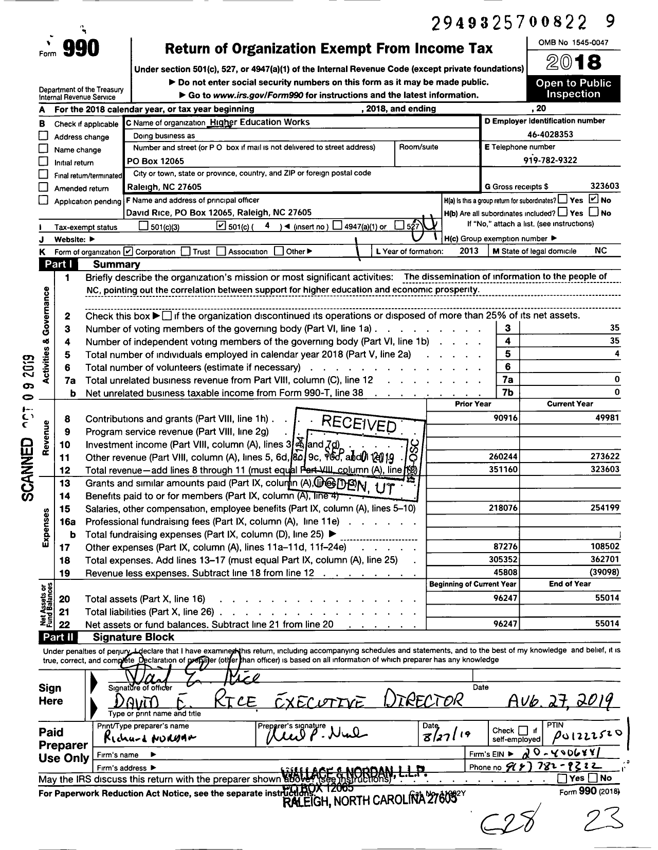 Image of first page of 2018 Form 990O for Higher Education Works