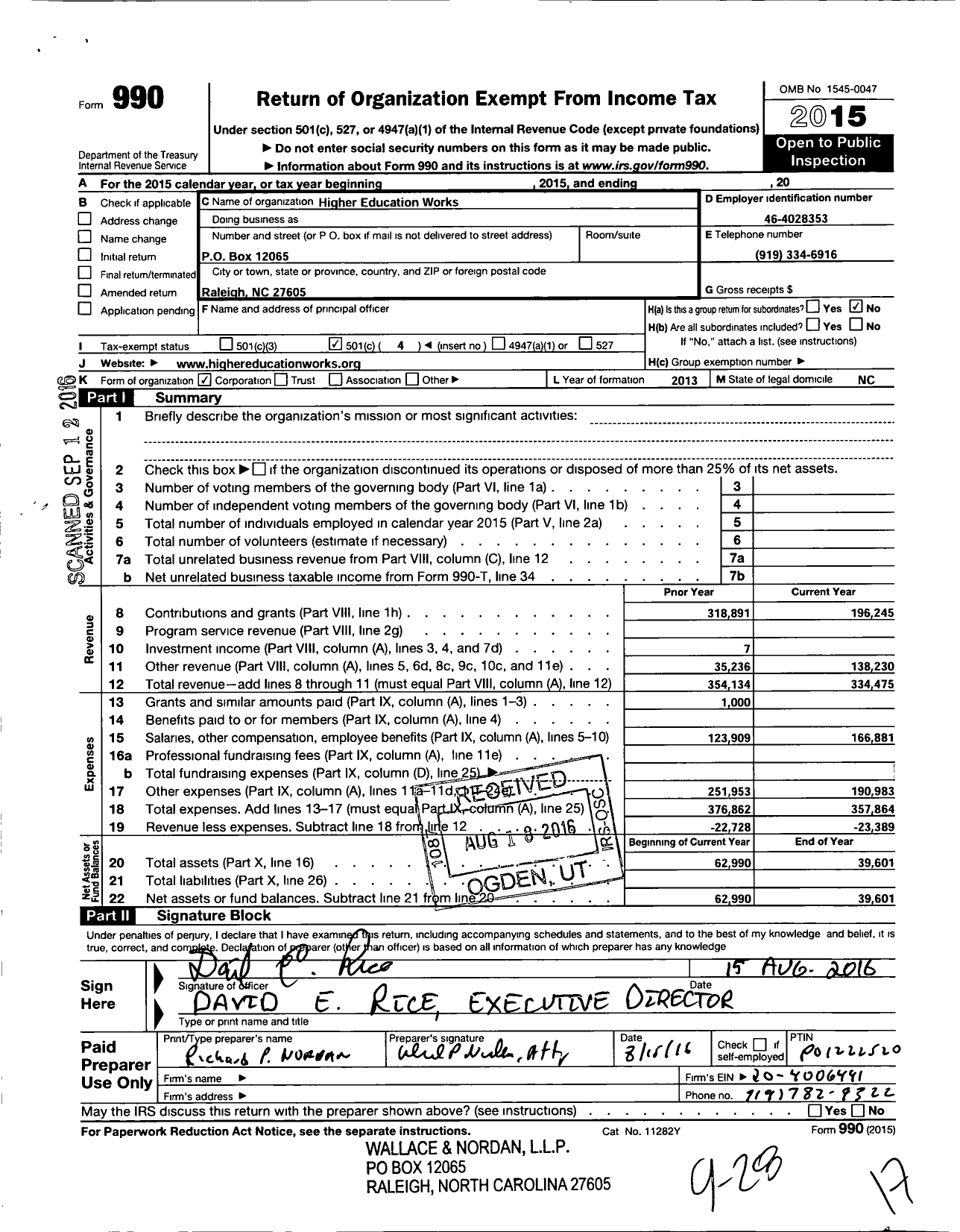 Image of first page of 2015 Form 990O for Higher Education Works