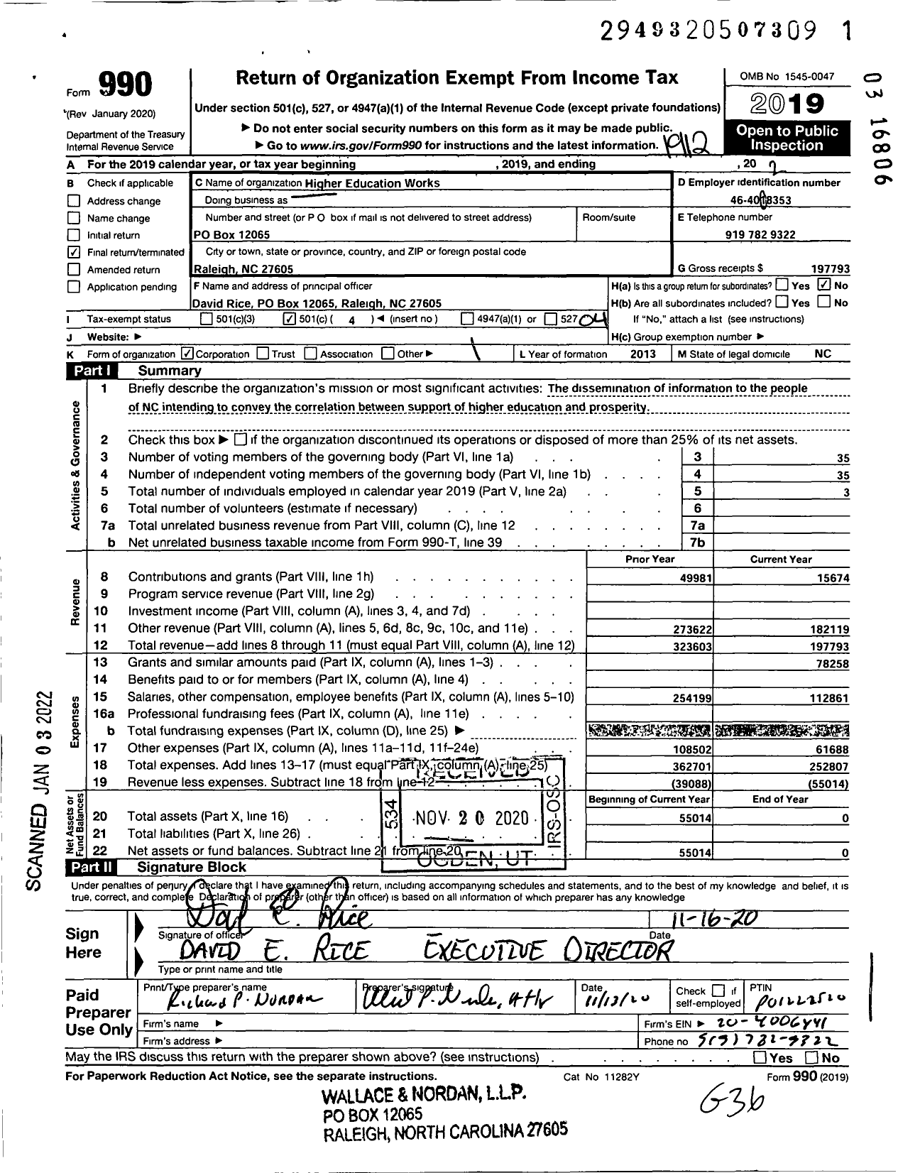 Image of first page of 2019 Form 990O for Higher Education Works