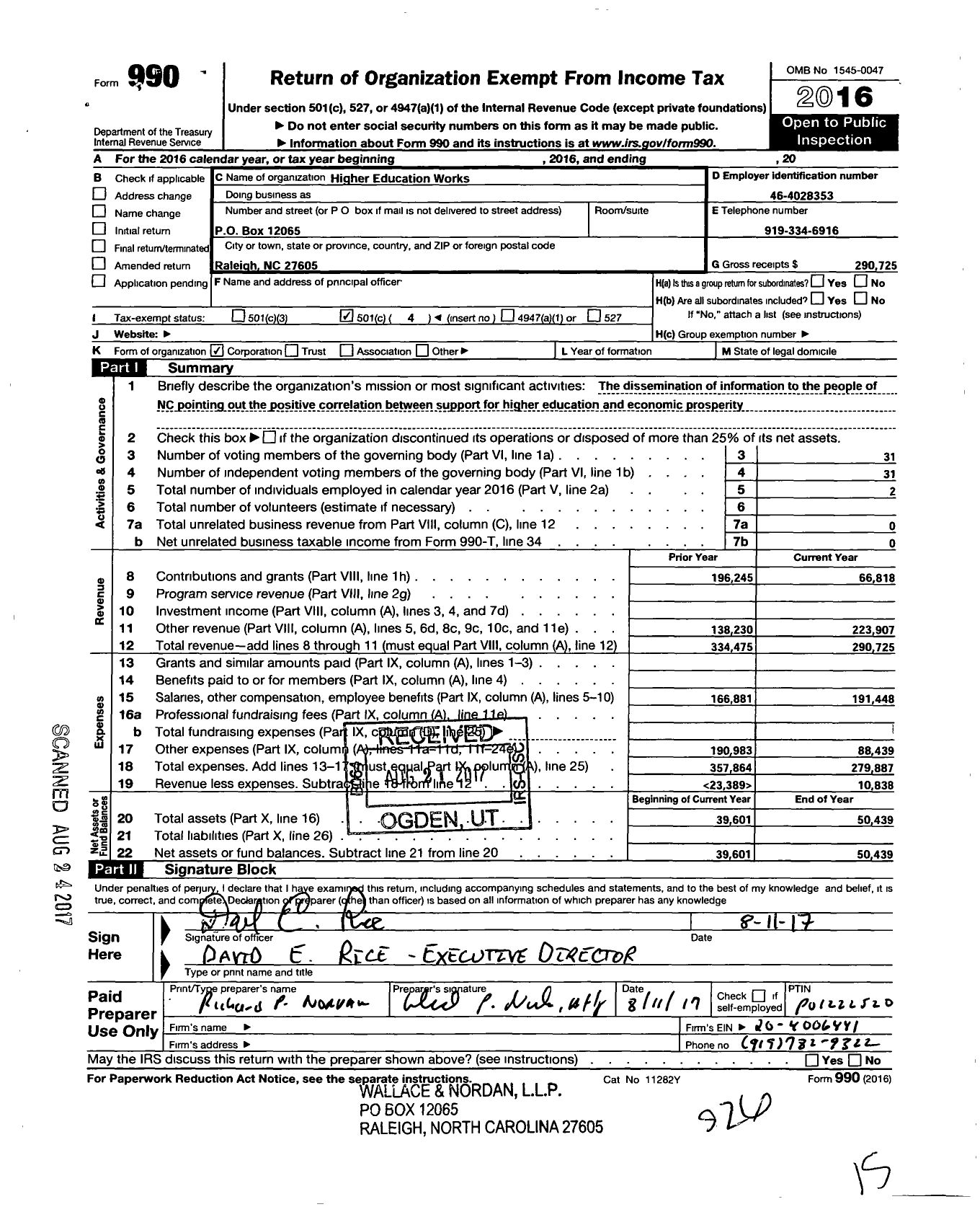 Image of first page of 2016 Form 990O for Higher Education Works