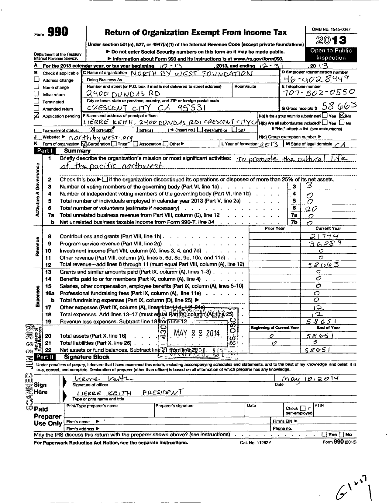 Image of first page of 2013 Form 990 for North By West Foundation